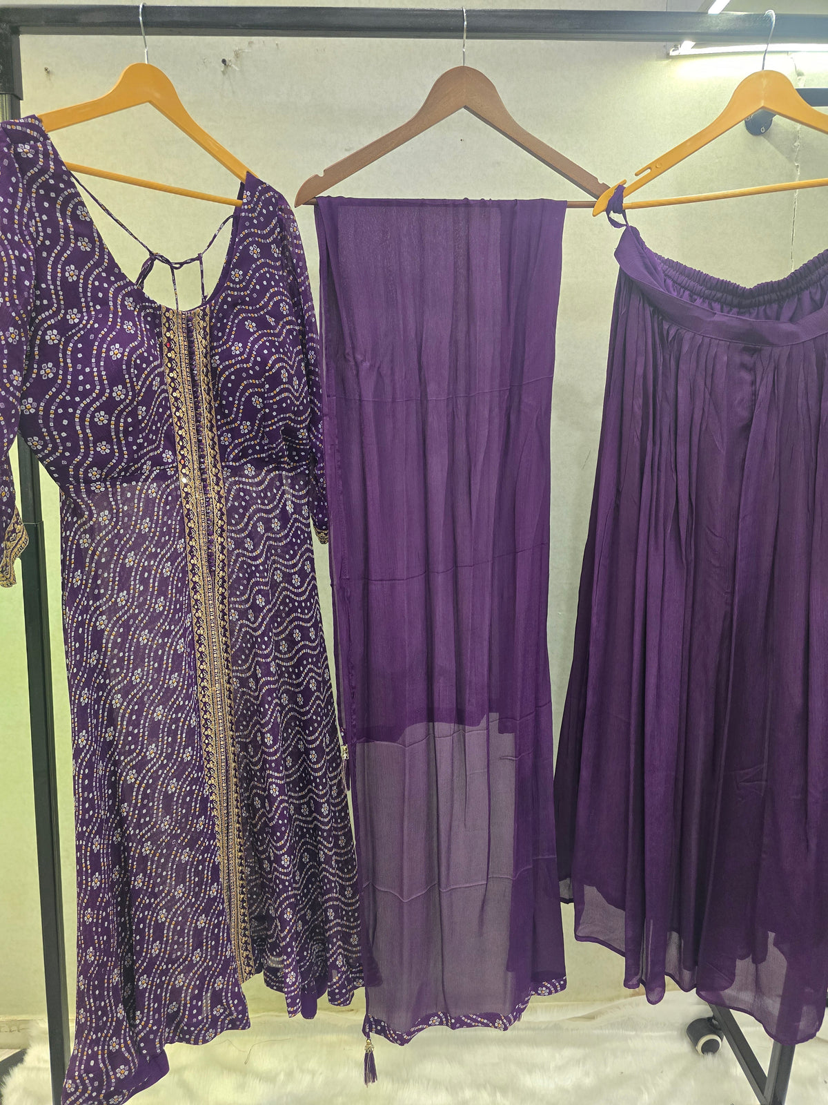 Royal Purple Bandhani Print Anarkali Kurta Set with Embellished Front Panel & Flared Palazzo | Premium 3 Piece Festive Ensemble