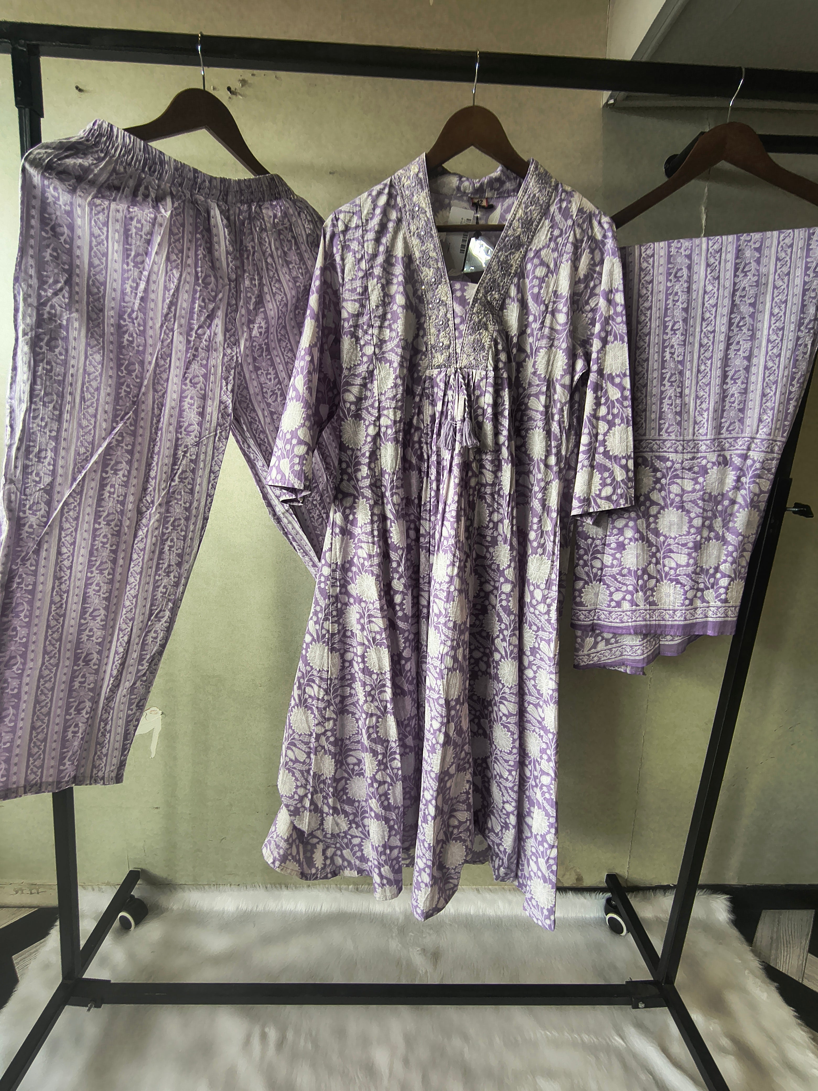 Image of Premium Lavender Floral Printed Cotton Anarkali Kurta Set with Striped Pants & Printed Dupatta
