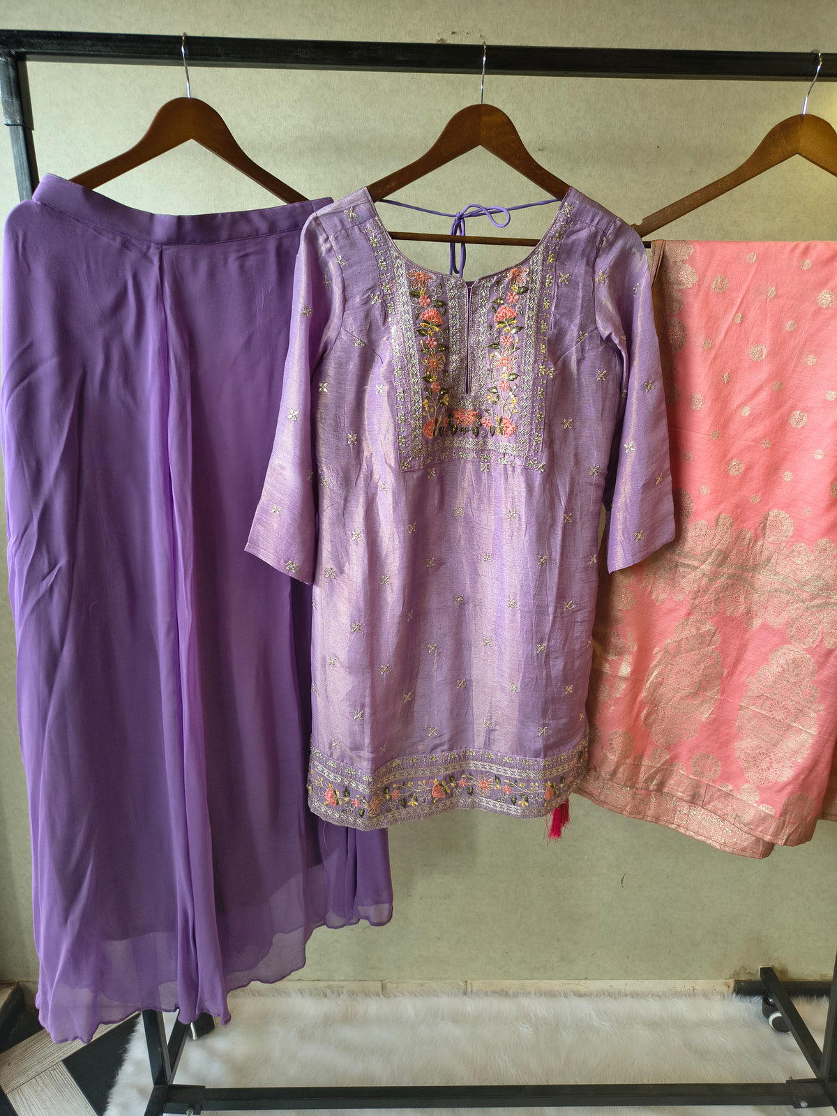 Premium Lavender Embroidered Kurta with Sharara & Banarasi Dupatta Set