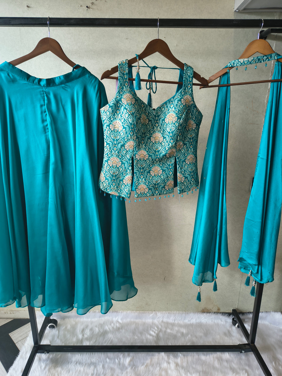 Premium Turquoise Blue 3-Piece Designer Lehenga Set with Brocade Embroidered Blouse & Tassel Dupatta