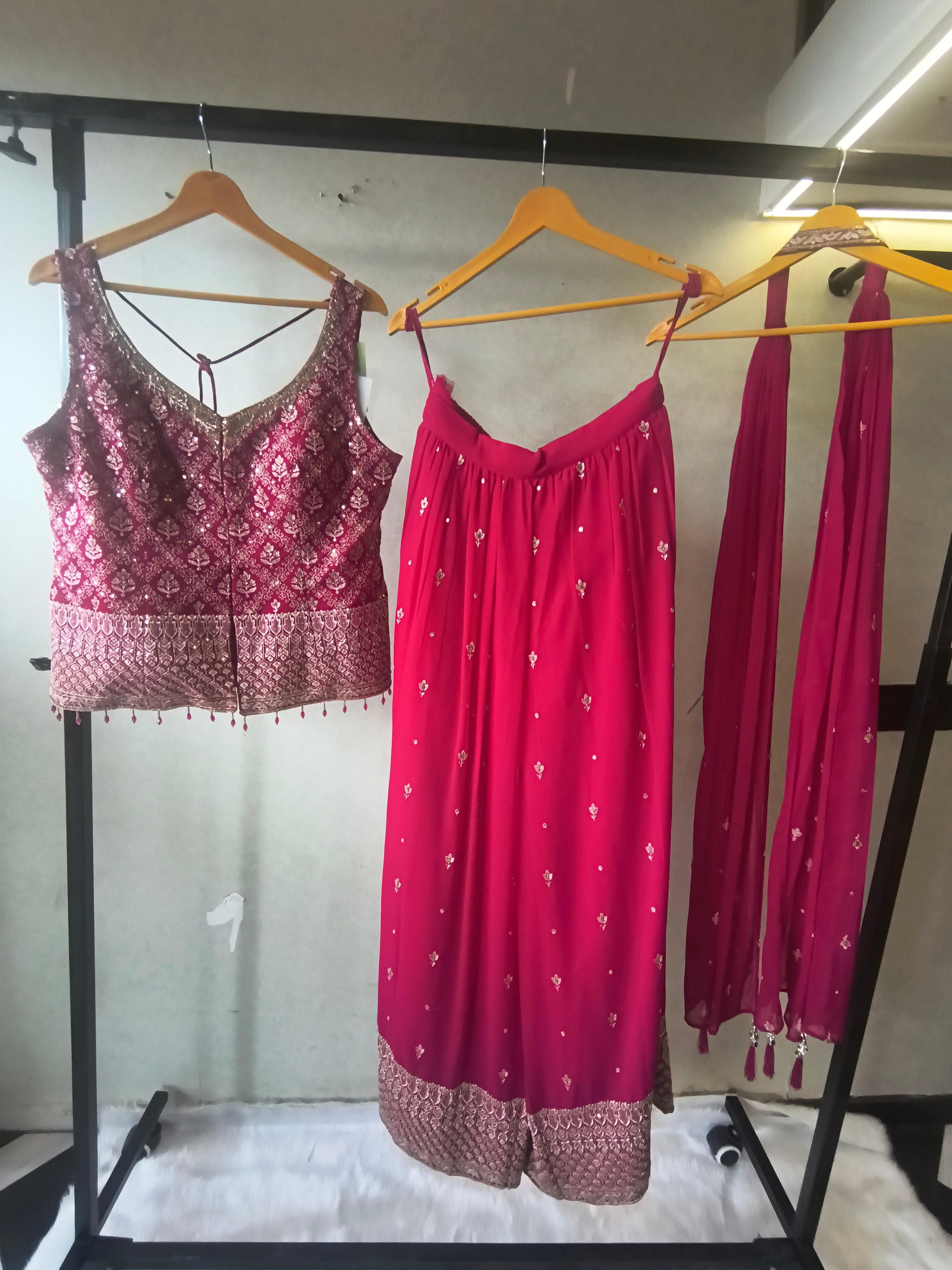 Image of Rani Pink Zari Woven Blouse with Flared Palazzo & Embellished Dupatta – Designer 3 Piece Festive Set