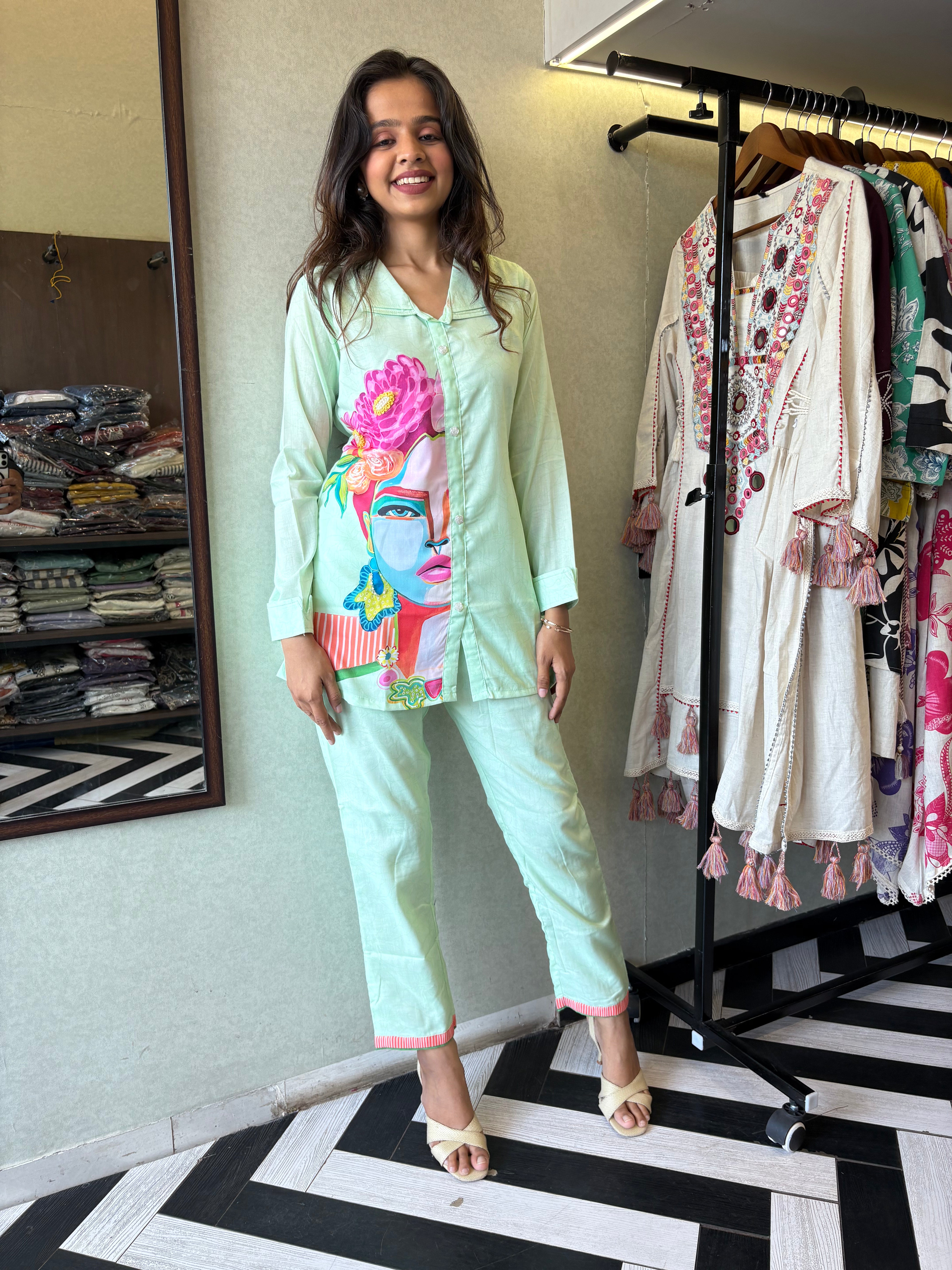 Image of Pure cotton 2-piece coord set in soothing pista color - designed with elegant prints and made for all-day comfort.
