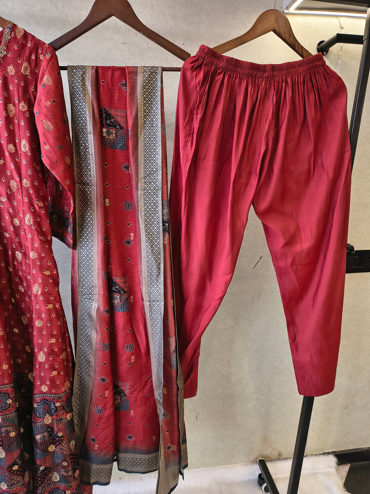 Rust Maroon Ethnic Printed Designer Kurta Set with Woven Dupatta | Premium 3 Piece Festive Suit