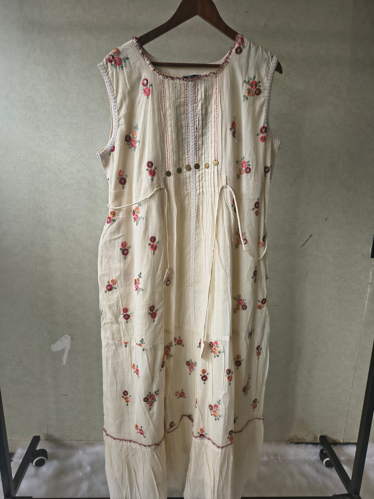 Premium Ivory Floral Embroidered Sleeveless Tiered Maxi Dress with Pintuck Detailing