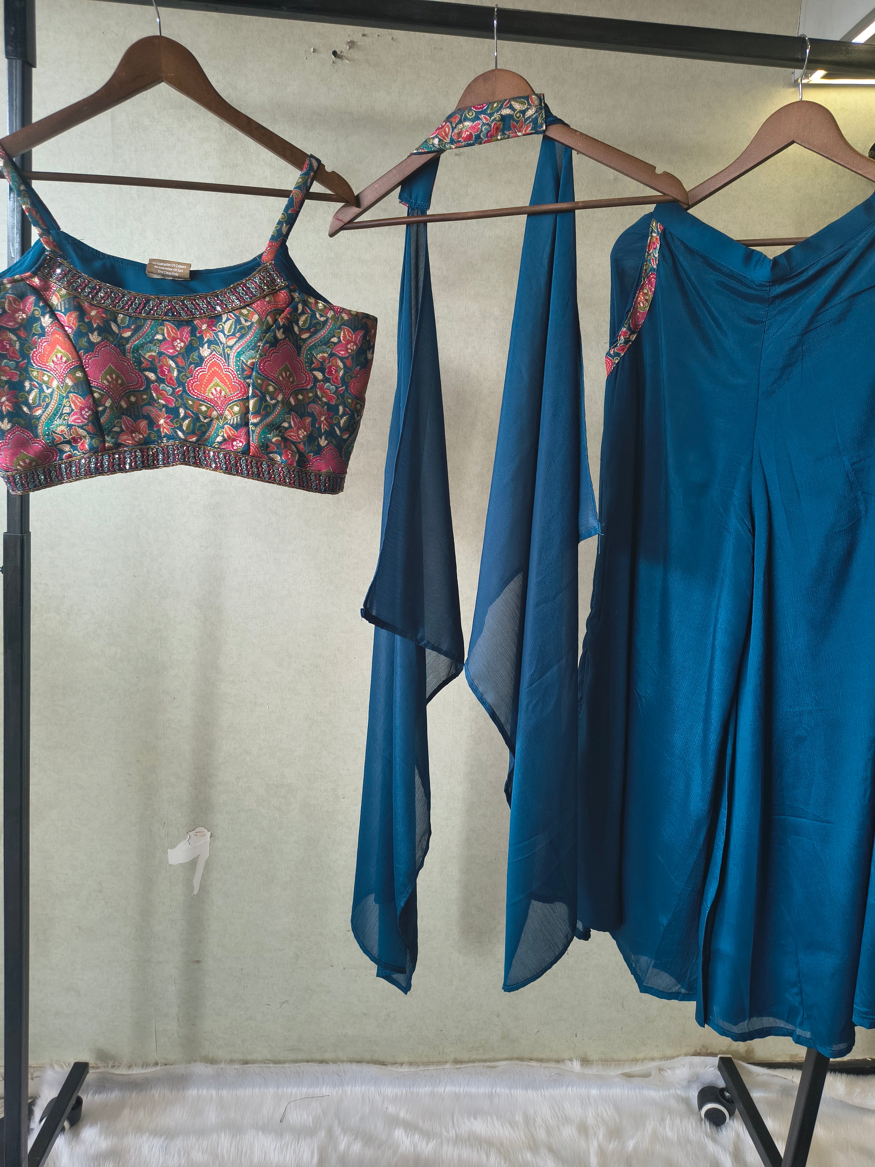 Image of Teal Printed Designer Blouse with Drape Palazzo & Cape – 3 Piece Indo-Western Fusion Party Wear Set