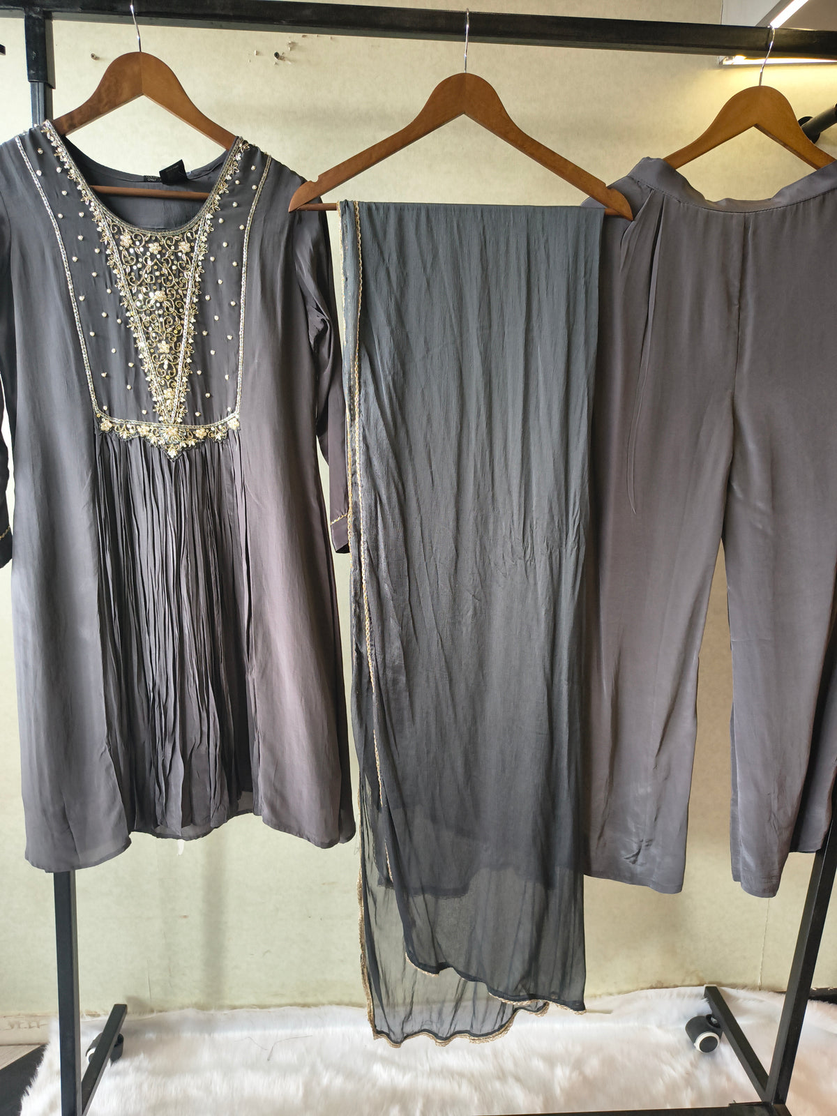 Charcoal Grey Hand Embroidered Anarkali Kurta Set with Churidar Pants & Sheer Dupatta – Premium 3 Piece Festive Ensemble