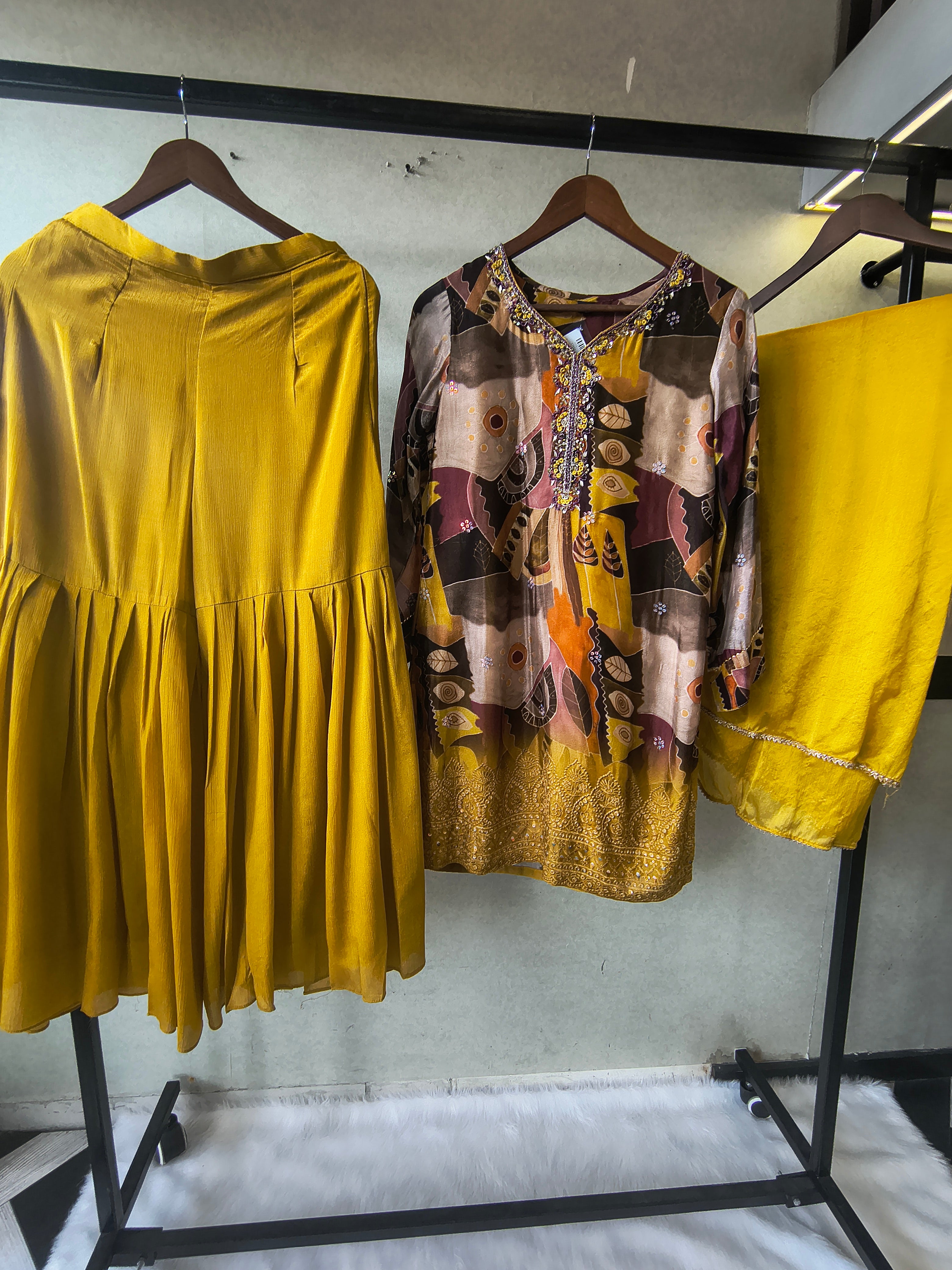 Image of Premium Mustard Abstract Printed Kurta with Sharara & Dupatta Set