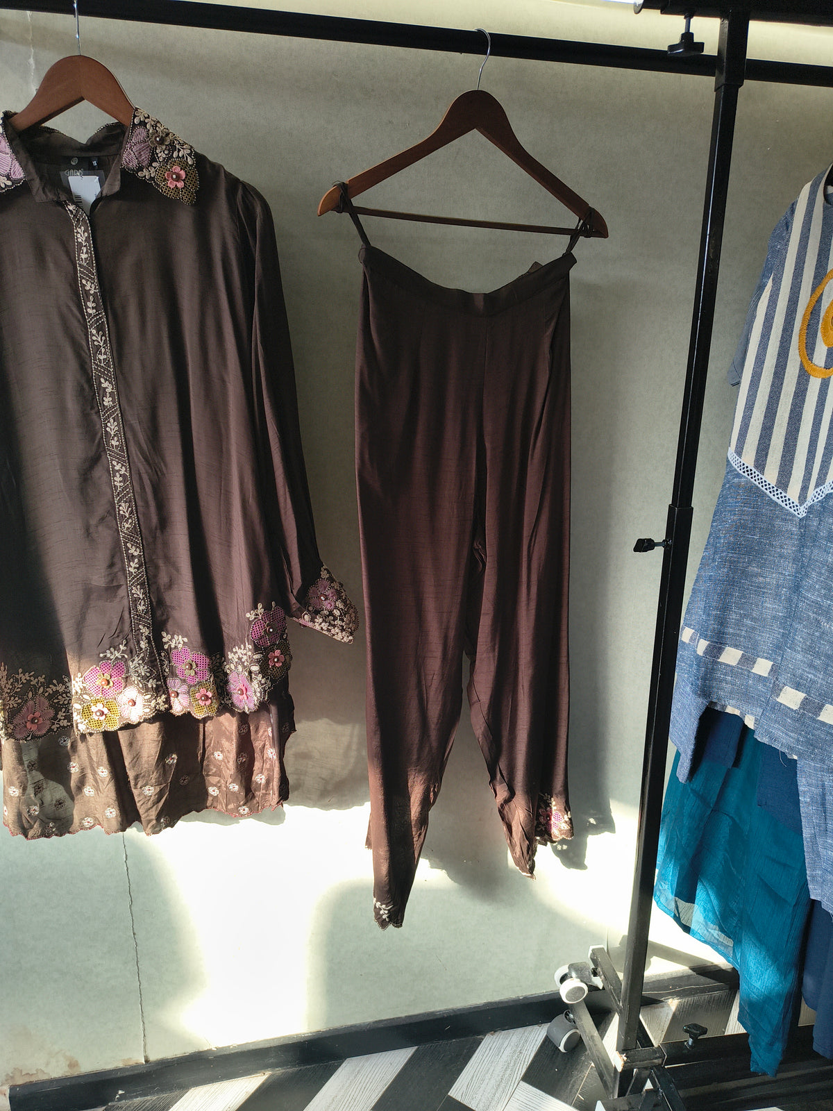 Chocolate Brown Designer Embroidered Co-Ord Set with 3D Floral Appliqué & Organza Hem