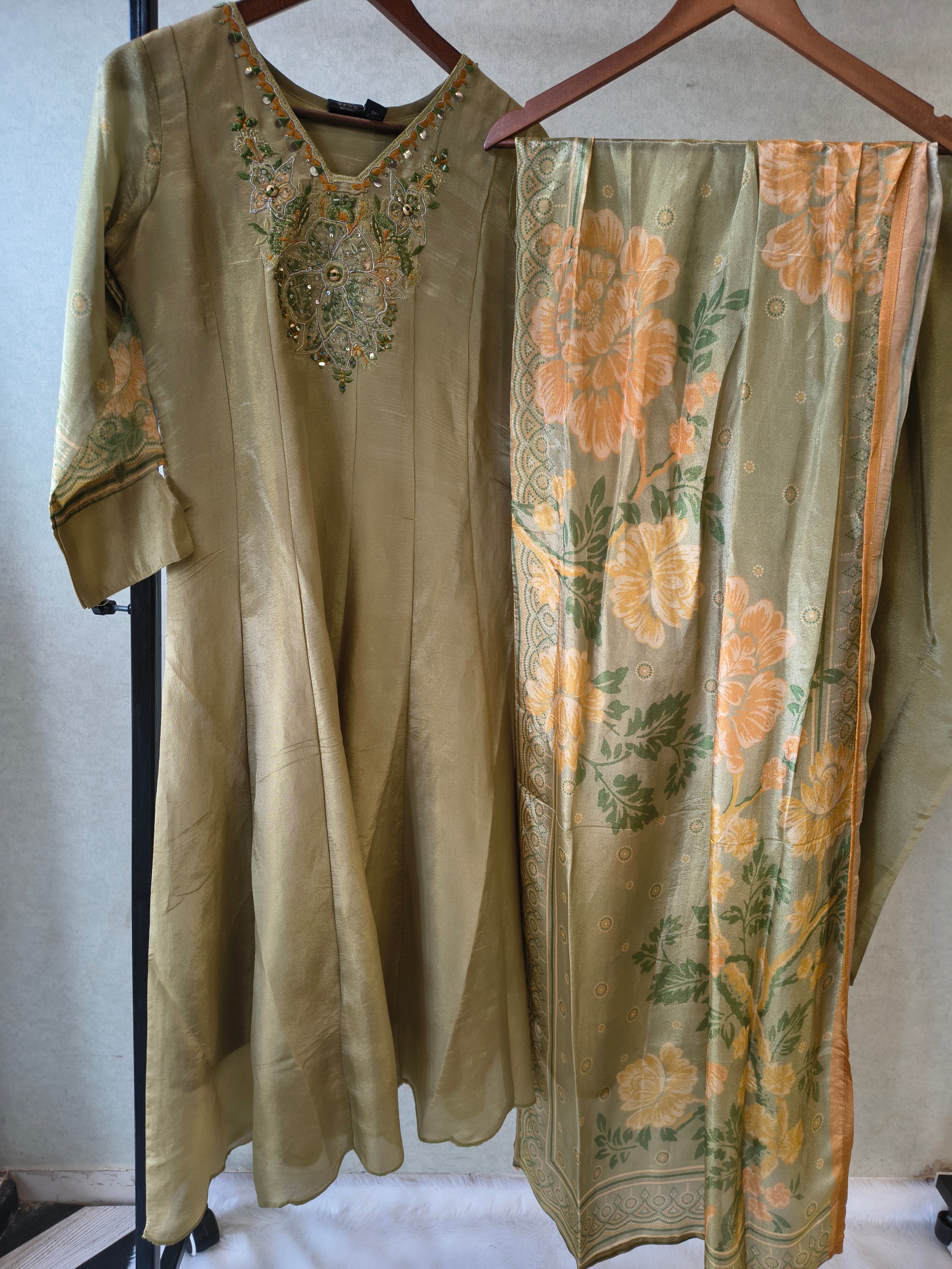 Image of Sage Olive Embroidered Designer Kurta Set with Floral Printed Dupatta | Premium 3 Piece Ethnic Suit