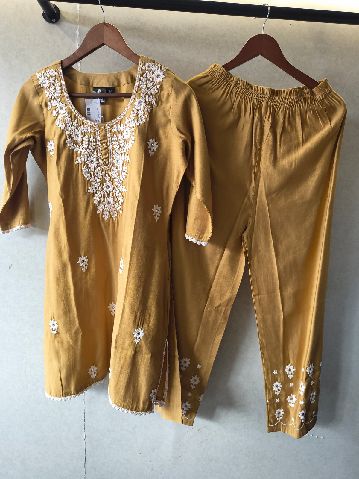 Mustard Yellow White Embroidered Premium Kurta Pant Co-Ord Set