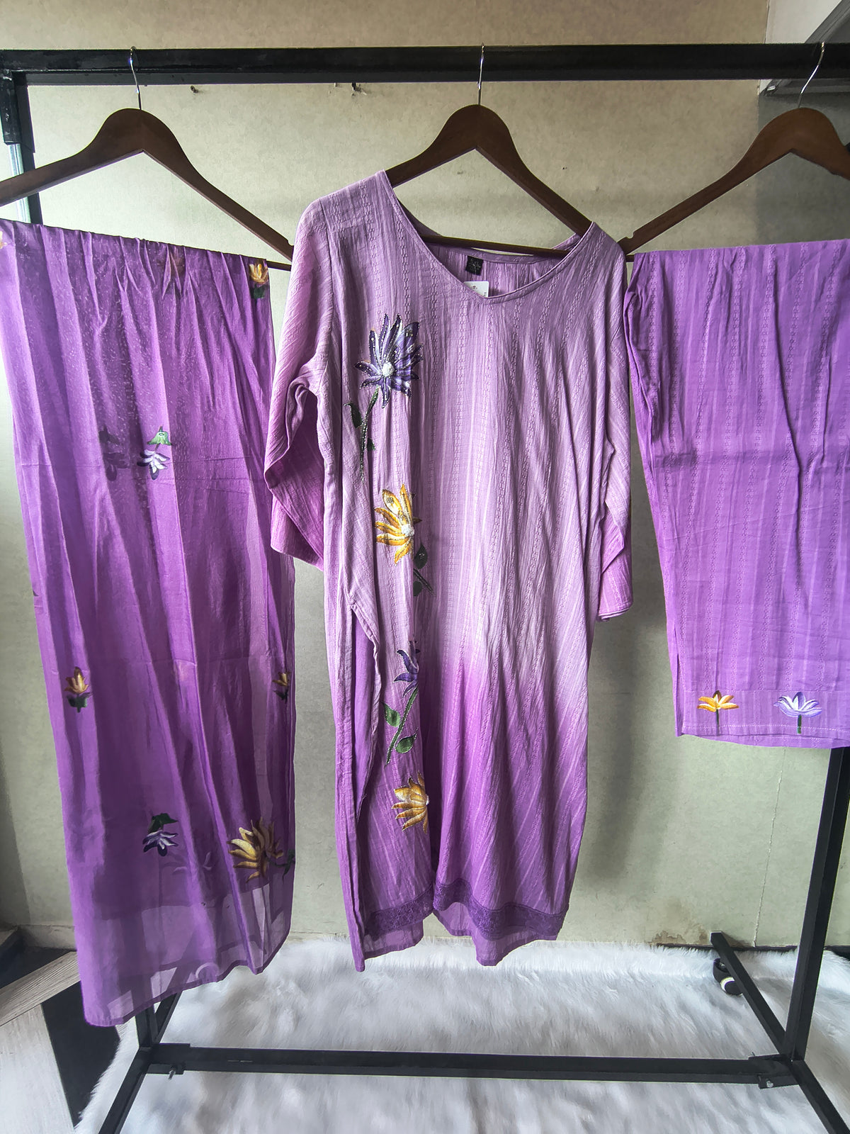 Premium Lavender Embroidered Straight Kurta Set with Floral Dupatta & Straight Pants