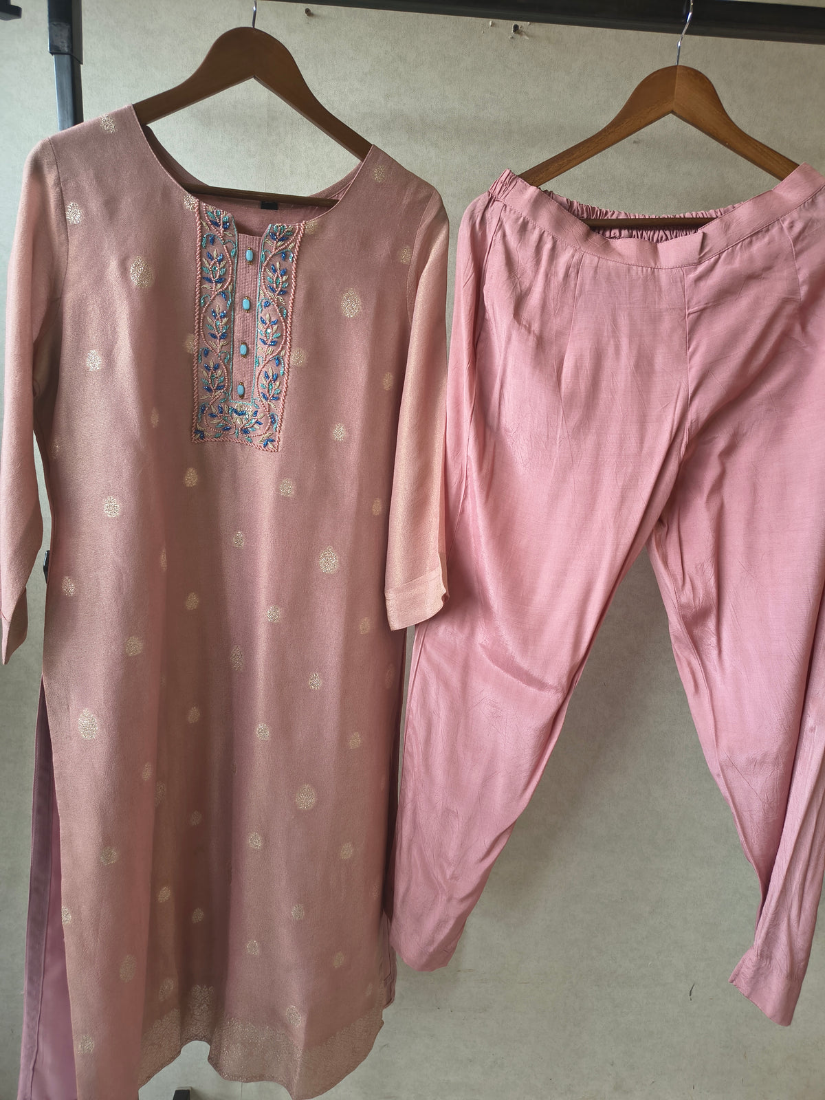 Premium Blush Pink Embroidered Straight Kurta with Cigarette Pants & Designer Printed Dupatta Set