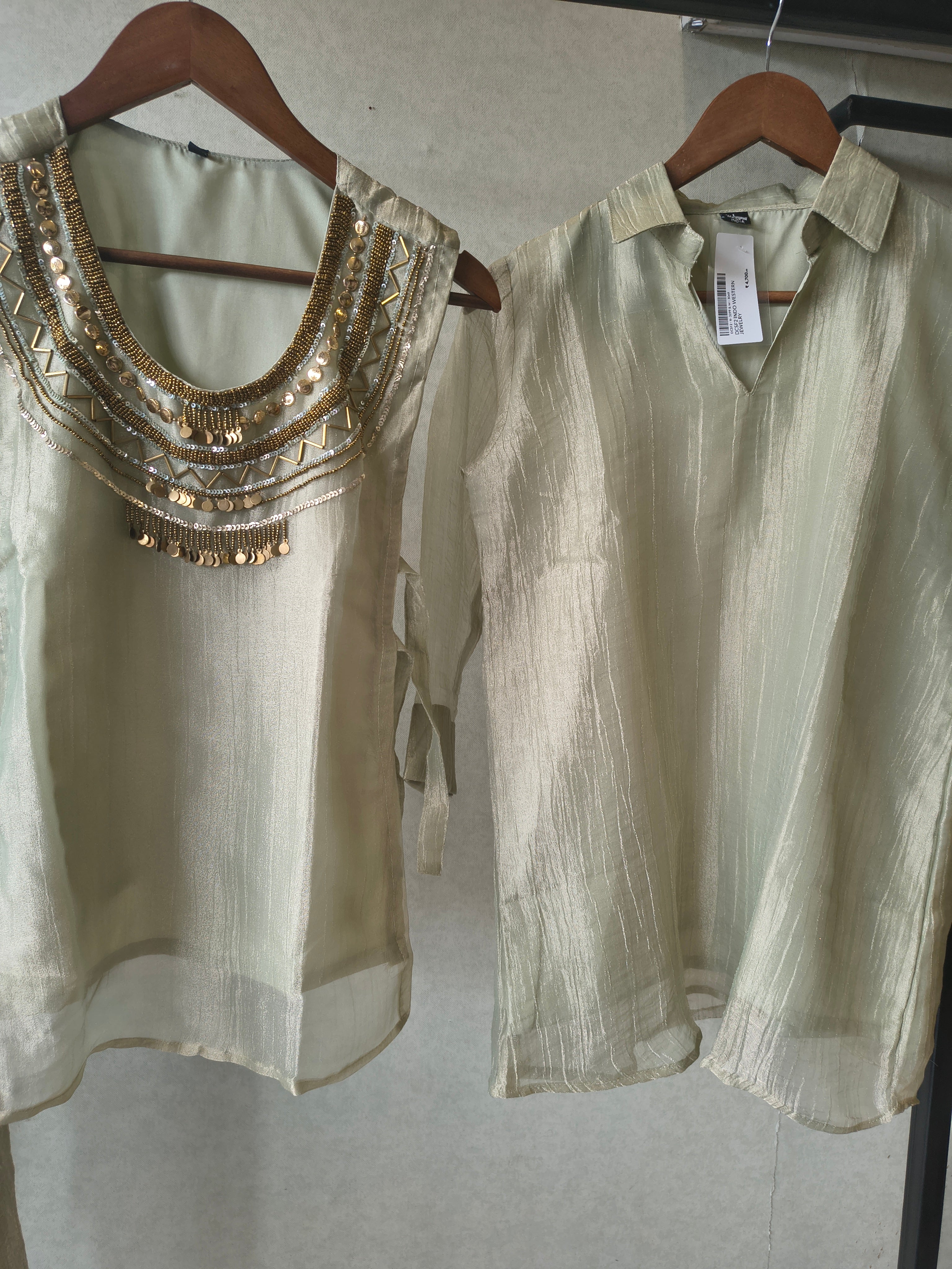 Image of Premium Sage Grey Tissue Silk 3-Piece Co-Ord Set with Antique Hand Embellished Jacket, Inner & Palazzo