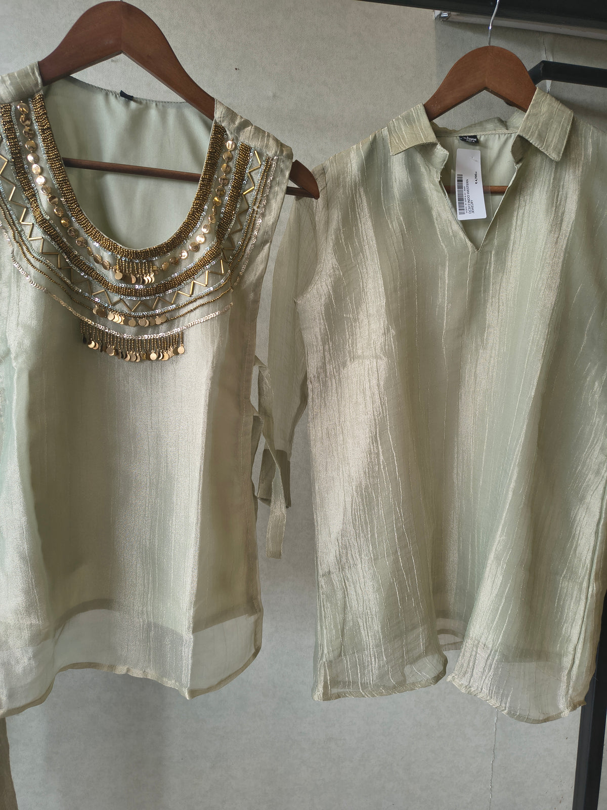 Premium Sage Grey Tissue Silk 3-Piece Co-Ord Set with Antique Hand Embellished Jacket, Inner & Palazzo