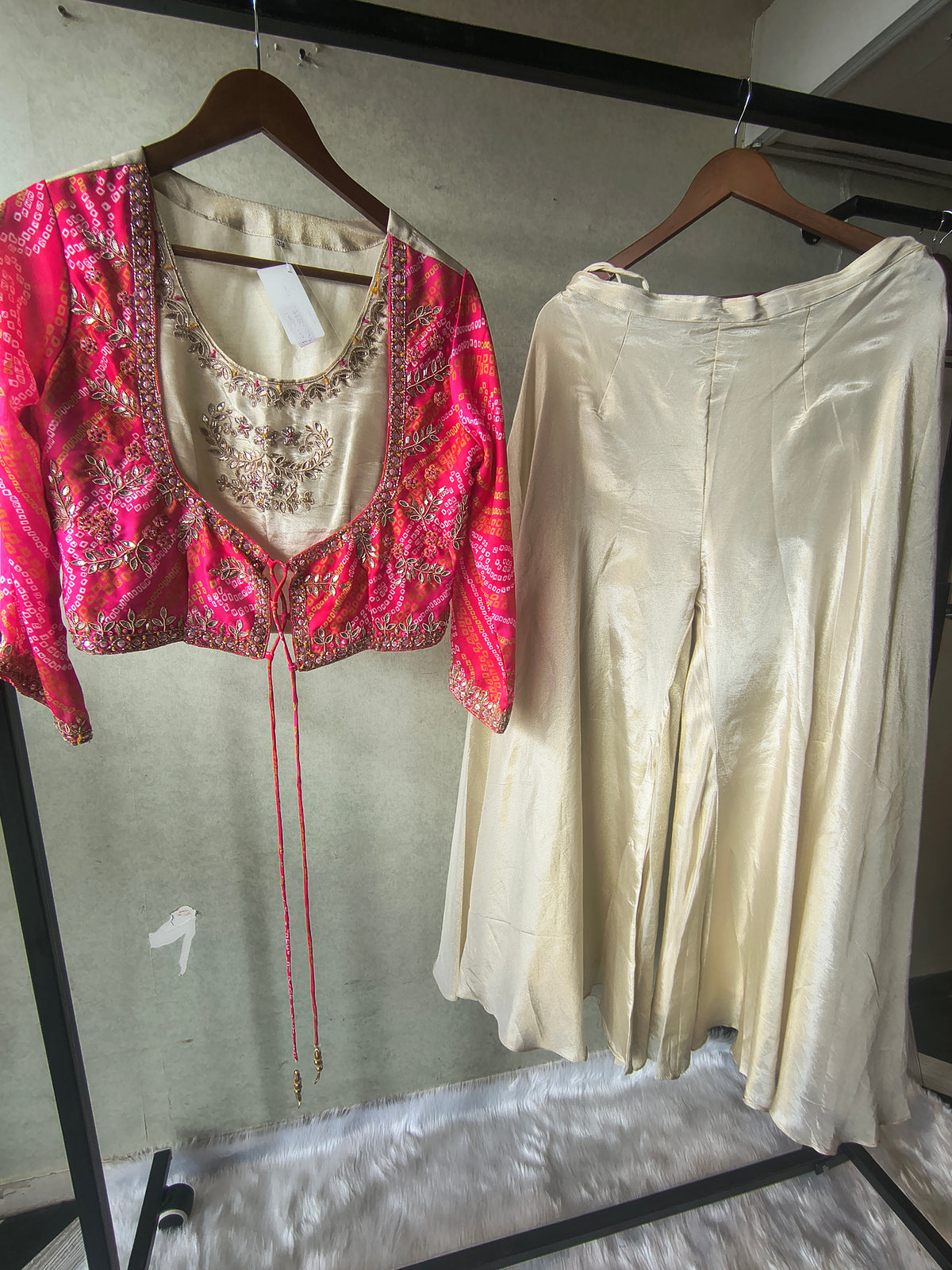 Premium Hot Pink Bandhani Print Embroidered Jacket Blouse with Ivory Flared Palazzo Set