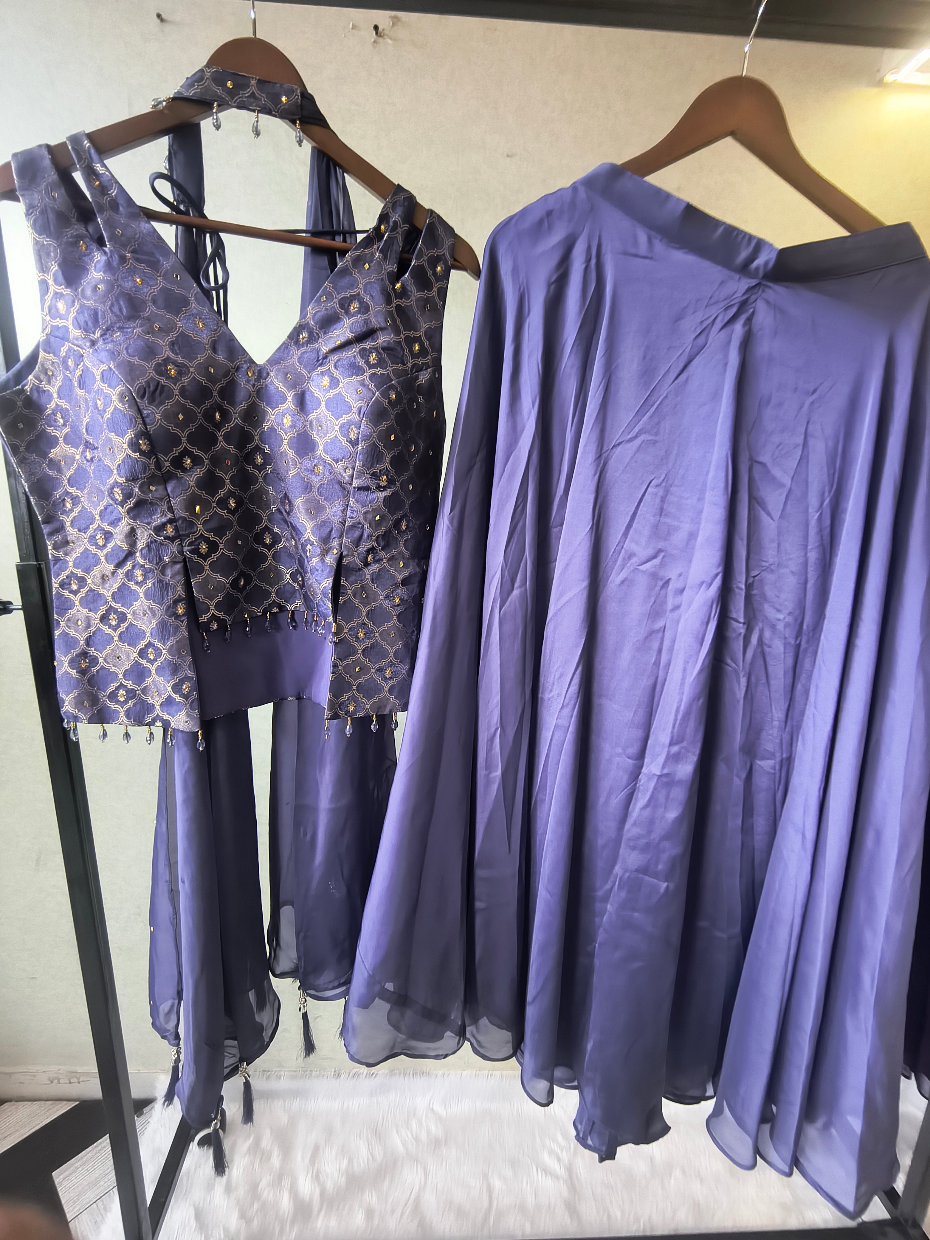 Image of Luxury Steel Blue Jacquard Blouse with Flared Palazzo & Embellished Choker Dupatta – 3 Piece Designer Indo-Western Set