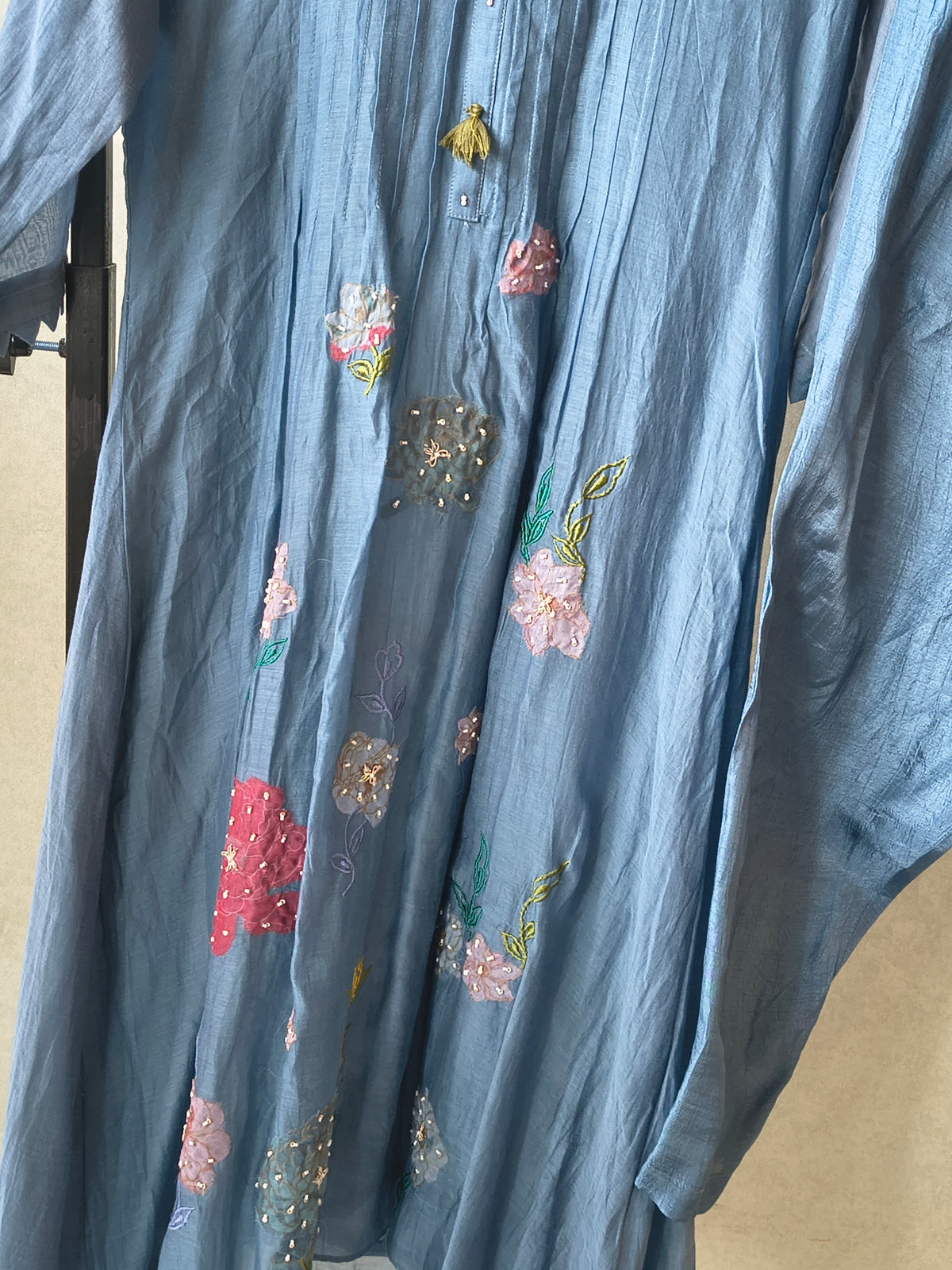 Premium Steel Blue Embroidered Straight Kurta with Dhoti Pants & Embroidered Organza Dupatta Set