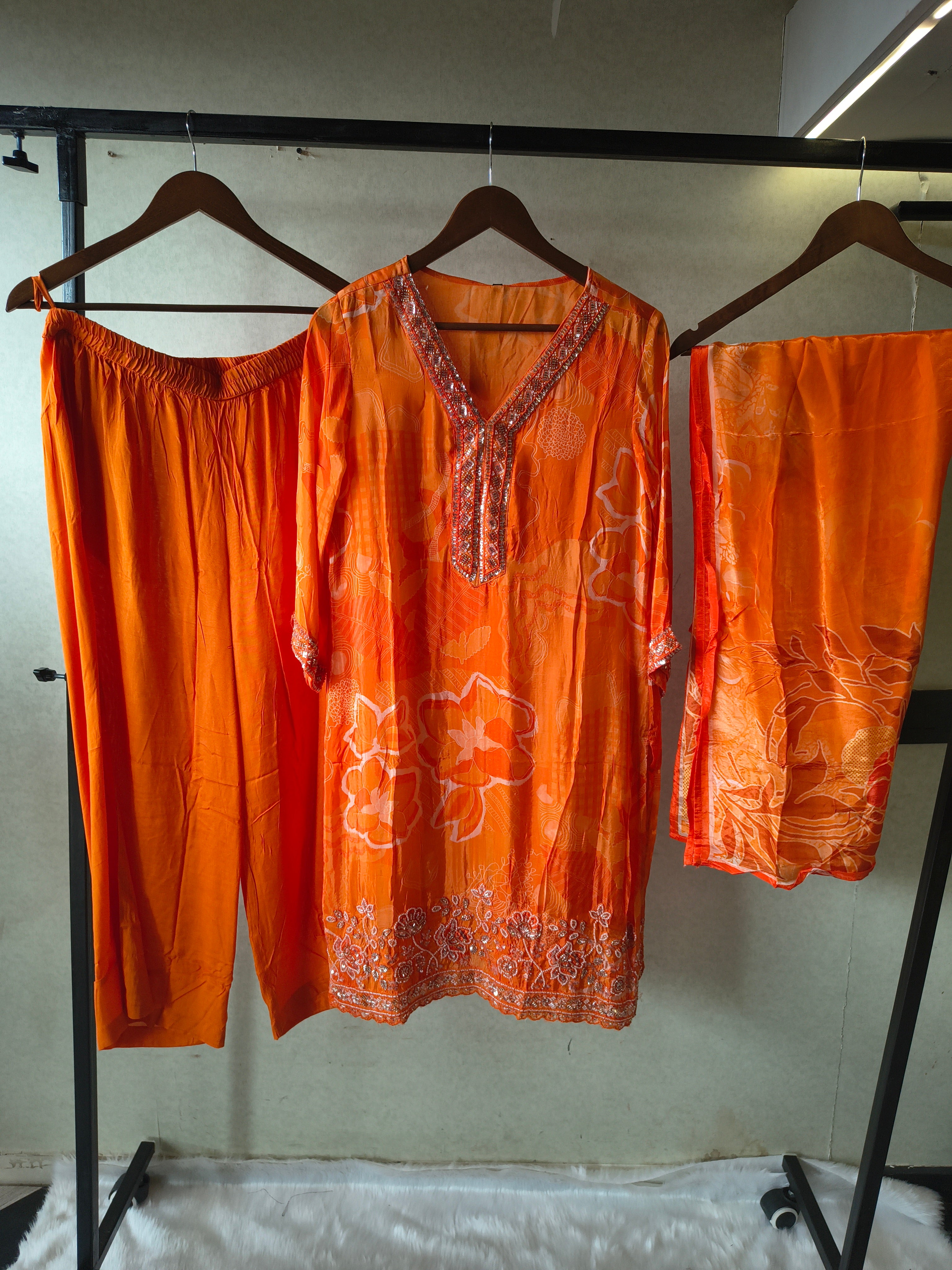 Image of Burnt Orange Printed Silk Blend Kurta Set with Embellished Neckline & Floral Border – Premium 3 Piece Ethnic Ensemble