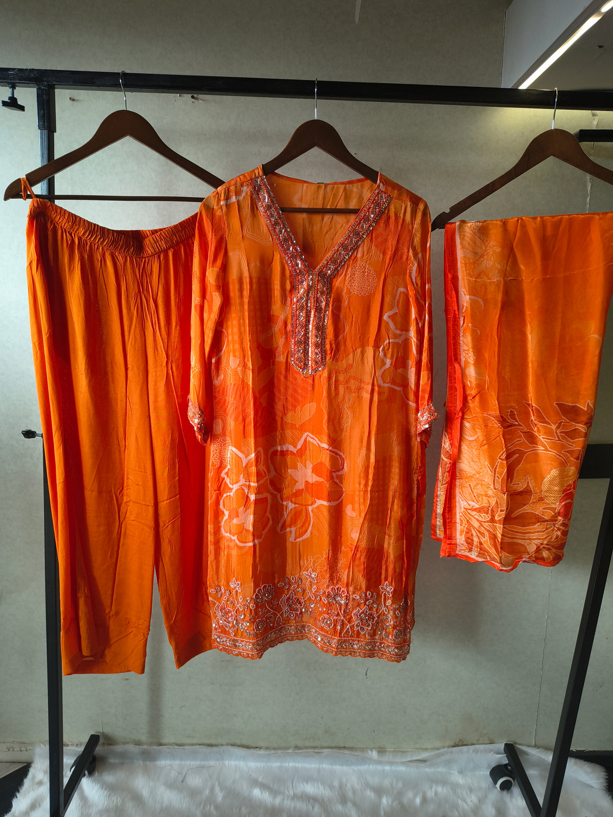 Burnt Orange Printed Silk Blend Kurta Set with Embellished Neckline & Floral Border – Premium 3 Piece Ethnic Ensemble