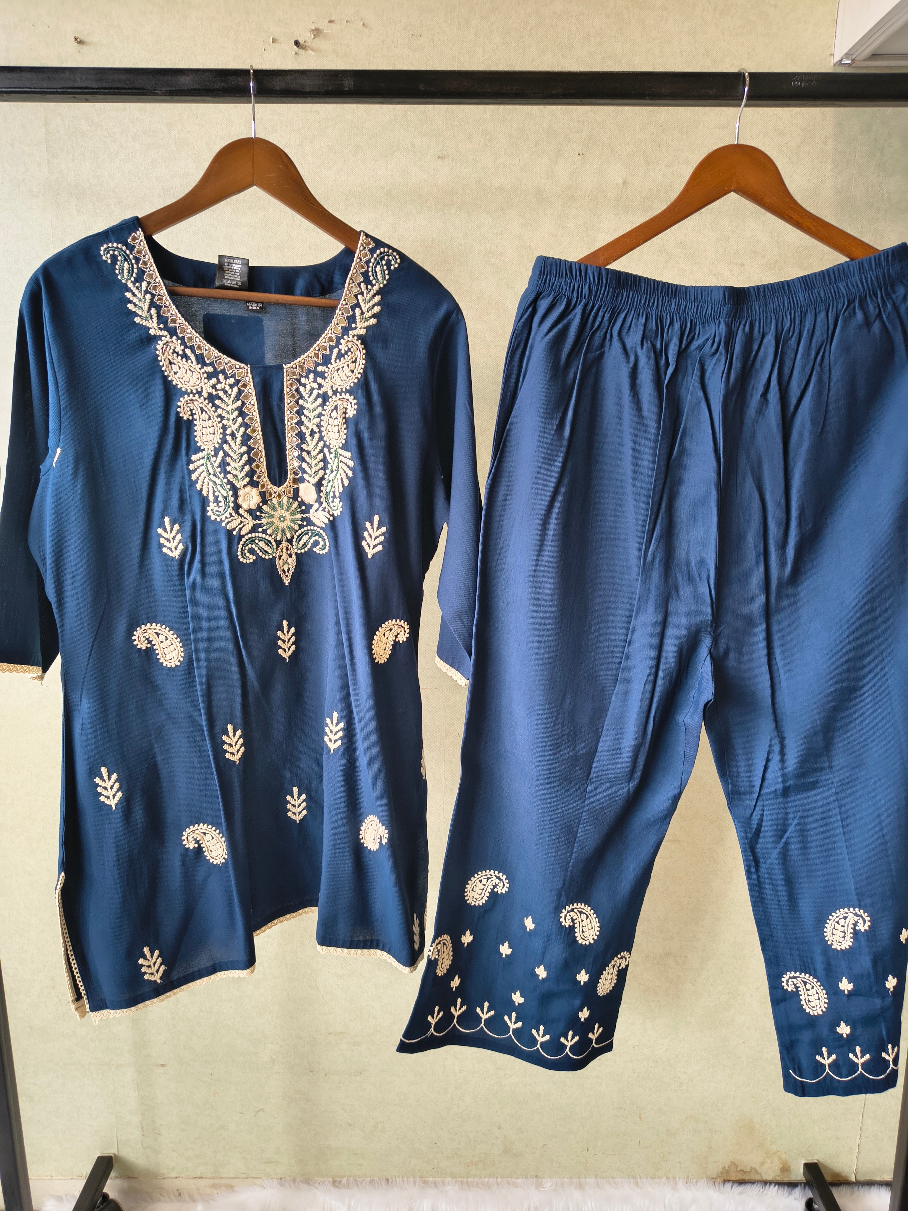 Image of Premium Navy Blue Embroidered Kurta Set with Designer Pants