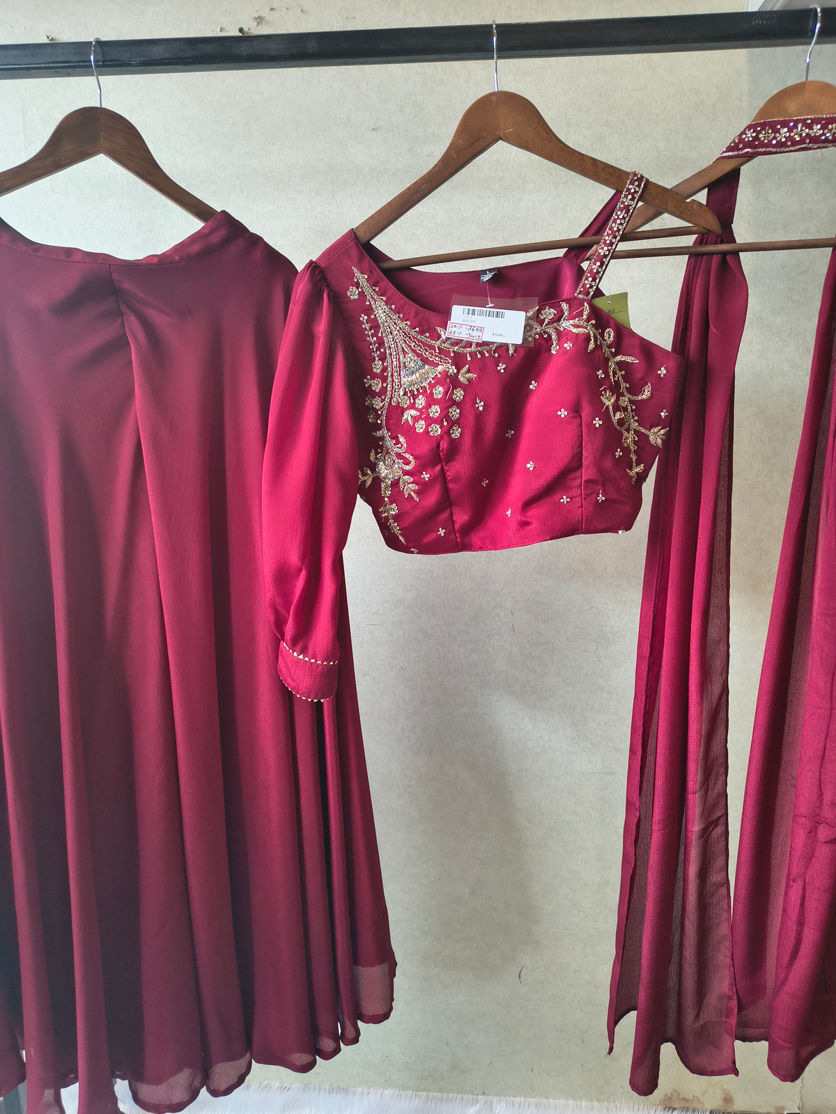 Premium Wine Satin Silk 3-Piece Lehenga Set with Hand Embroidered One-Shoulder Blouse & Dupatta