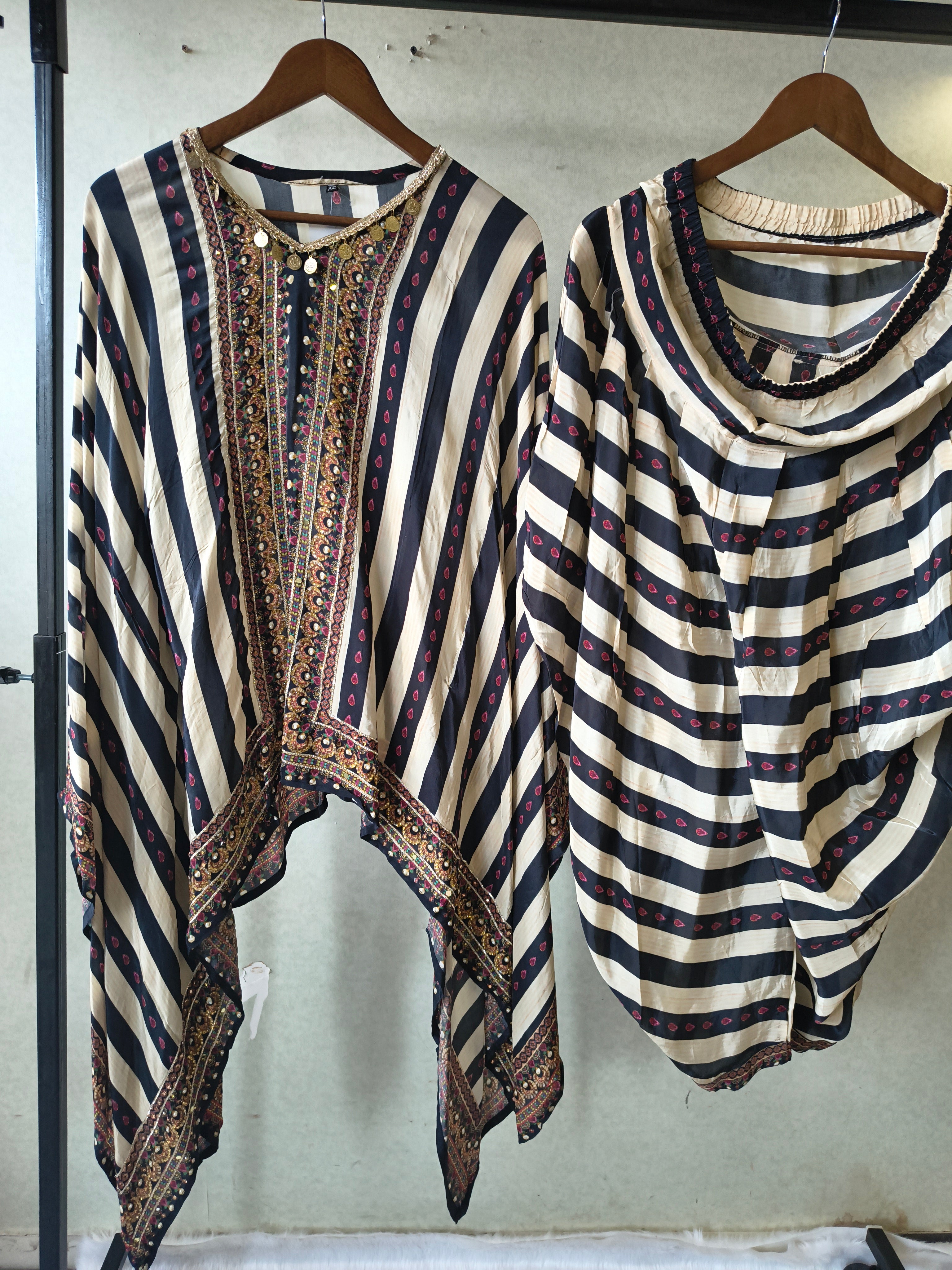 Image of Ivory & Navy Striped Designer Kaftan Co-Ord Set with Embroidered Neckline & Draped Silhouette