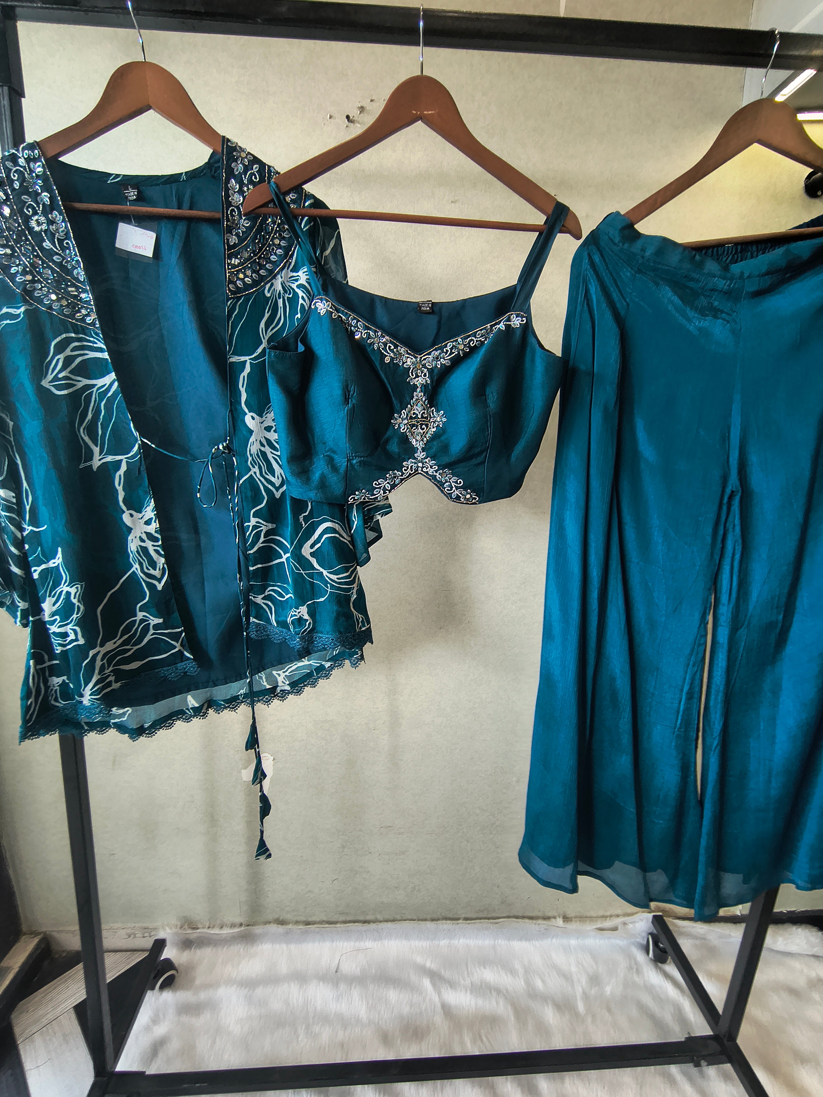 Image of Teal Printed Shrug with Embroidered Designer Bralette & Flared Palazzo – 3 Piece Indo-Western Co-Ord Set