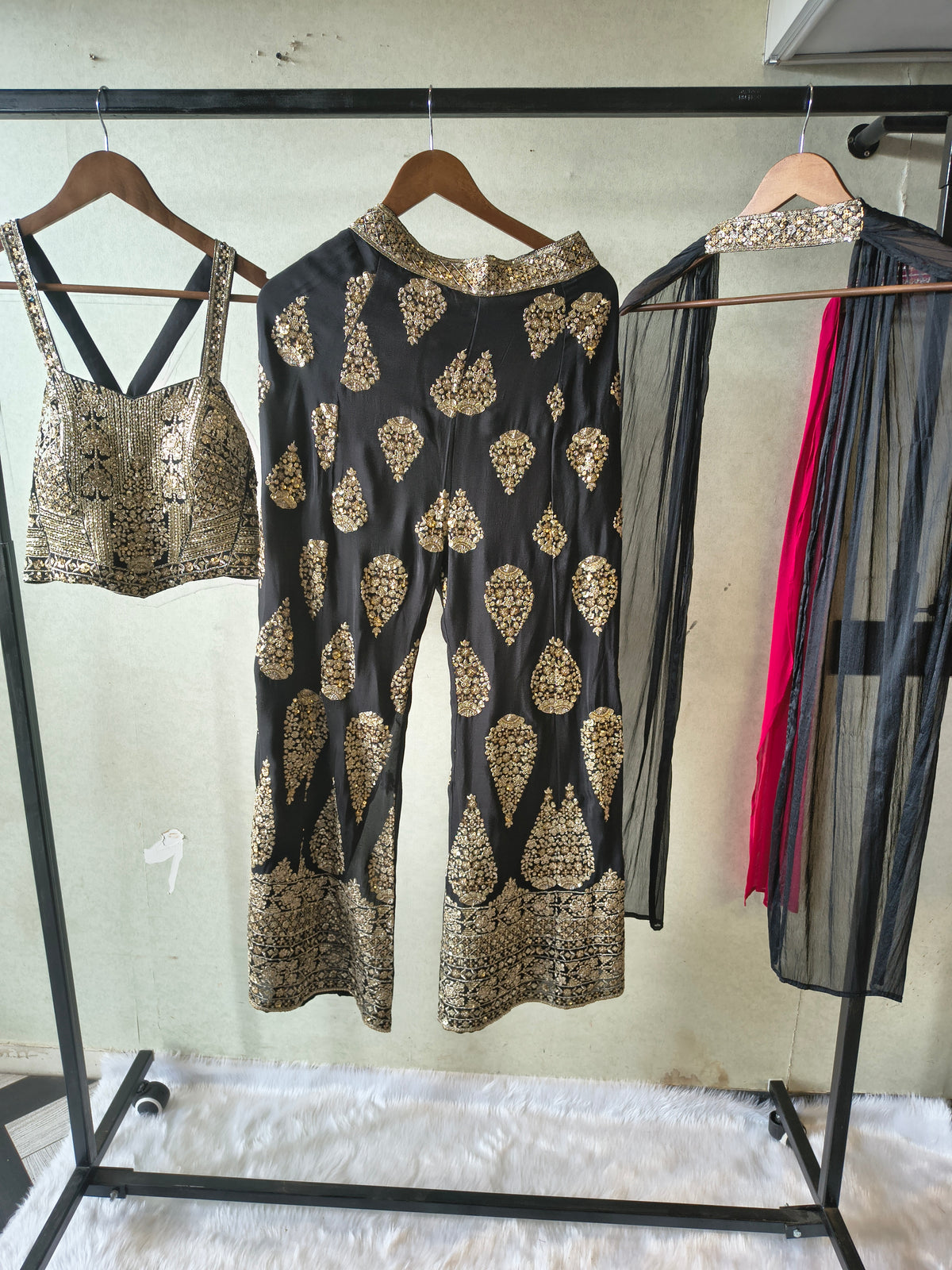 Luxury Black Hand-Embroidered Bustier & Palazzo Set with Embellished Net Dupatta – 3 Piece Designer Ensemble