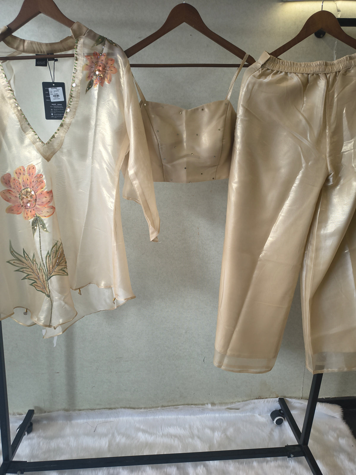 Champagne Gold Floral Hand-Painted Kaftan Co-ord Set with Embellished Blouse & Satin Palazzo