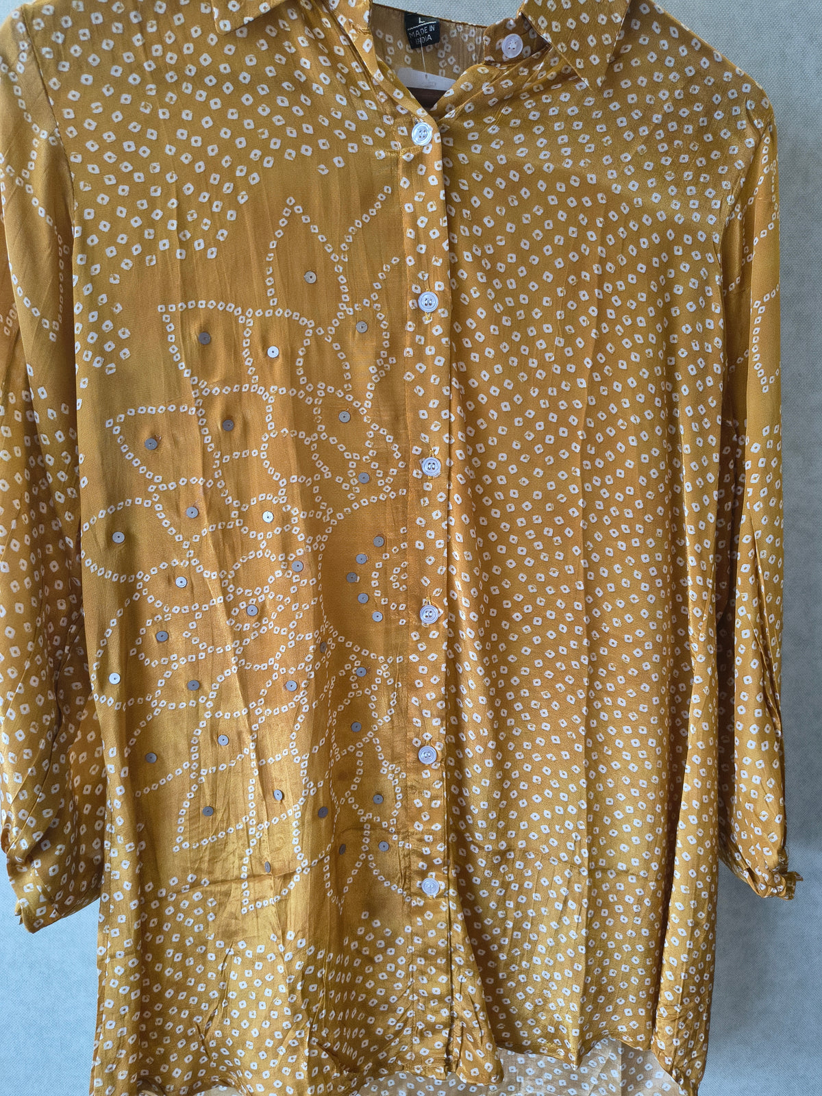 Mustard Bandhani Floral Mirror Work Shirt Style Tunic