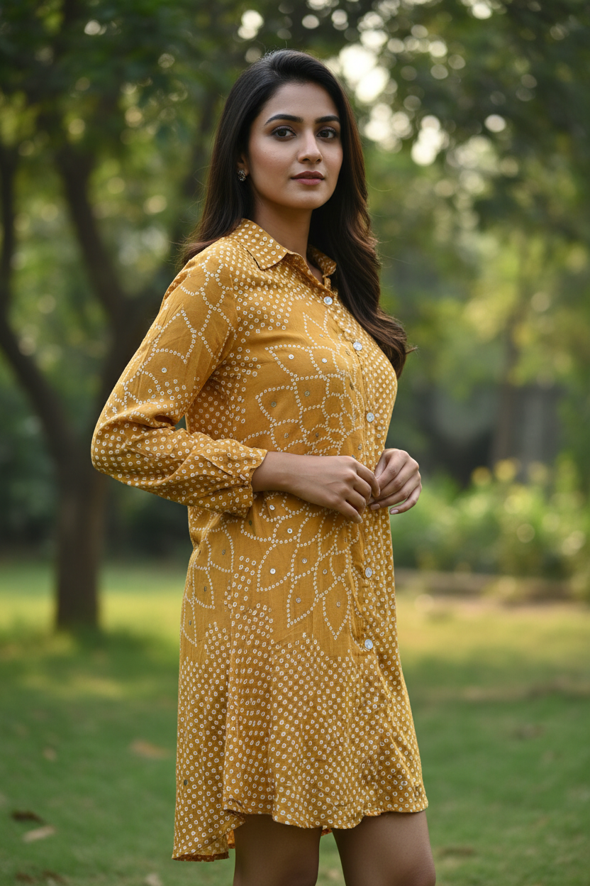 Mustard Bandhani Floral Mirror Work Shirt Style Tunic
