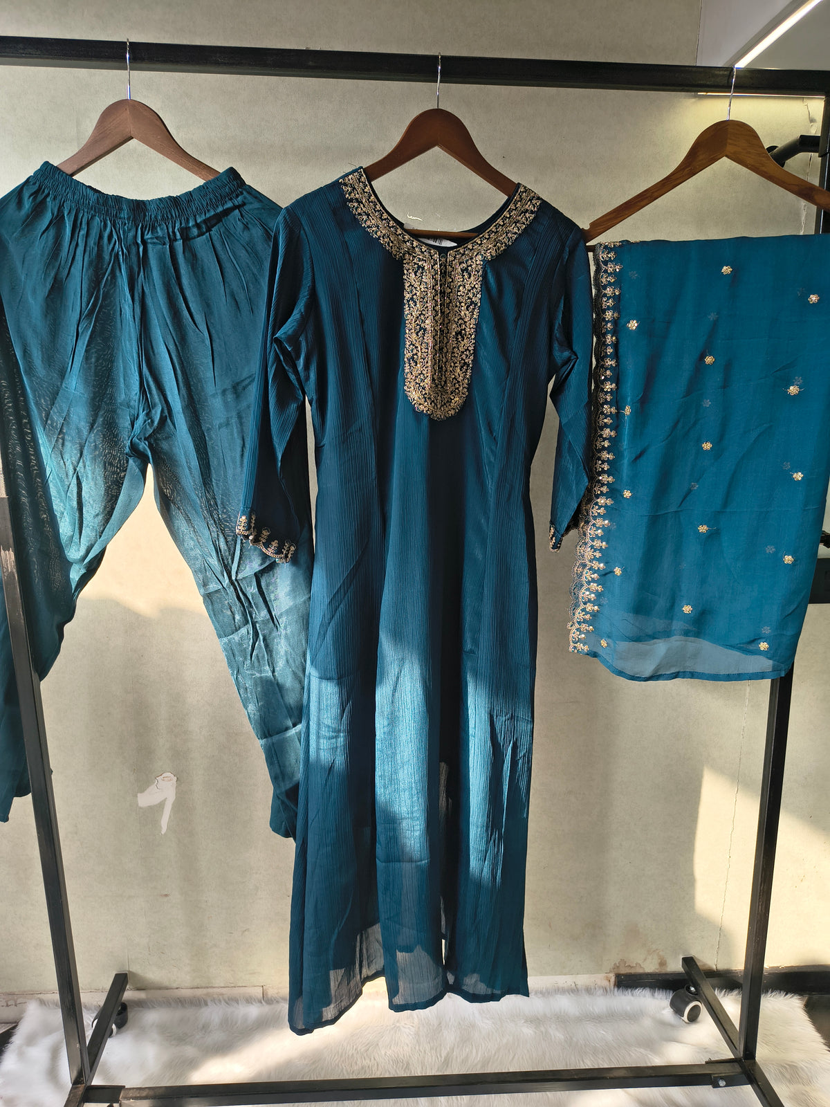 Premium Teal Blue Embroidered Straight Kurta with Salwar Pants & Embellished Dupatta Set