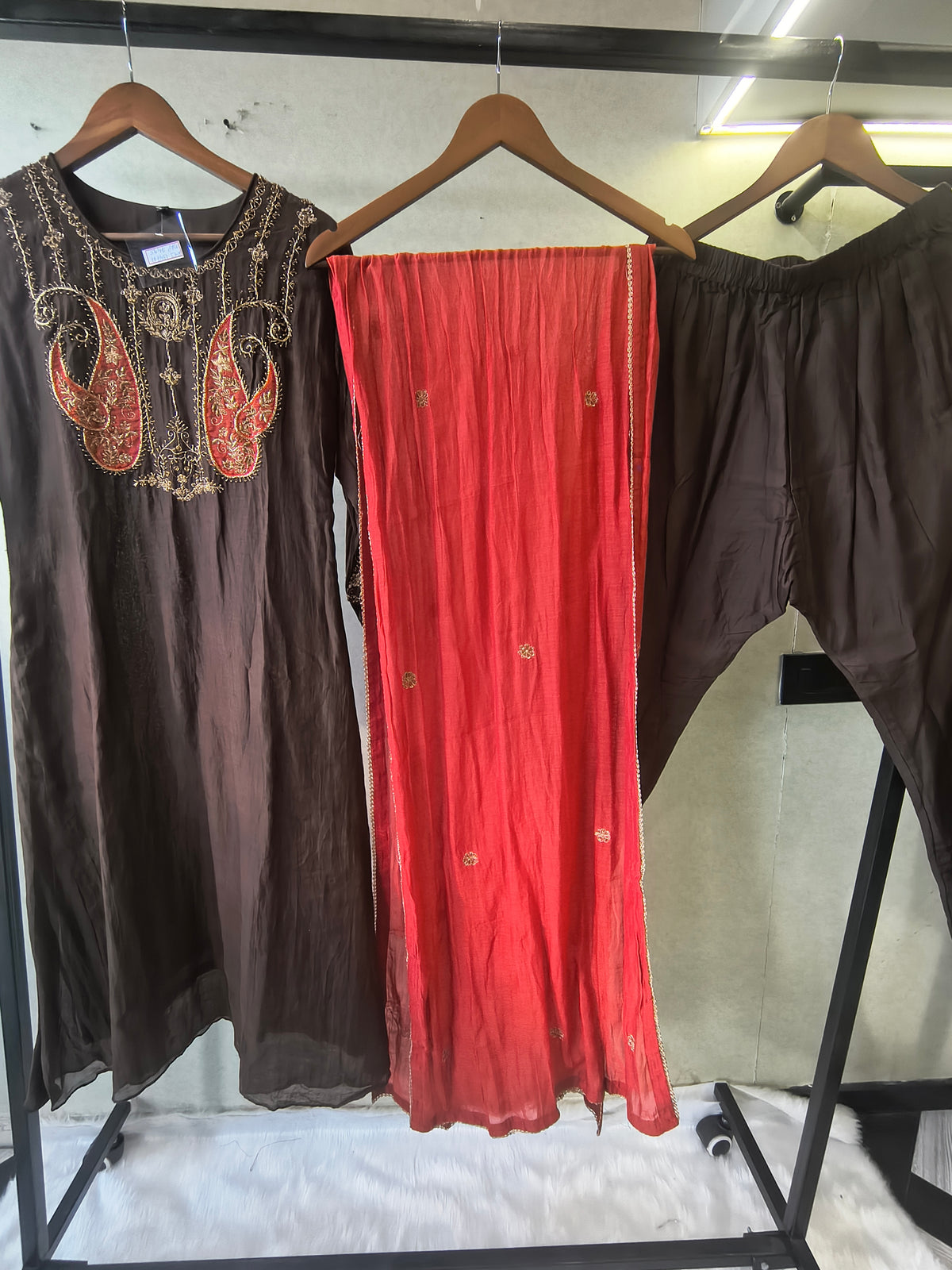 Midnight Black Embroidered Straight Kurta Set with Statement Paisley Yoke, Contrast Crimson Dupatta & Premium 3 Piece Ethnic Ensemble