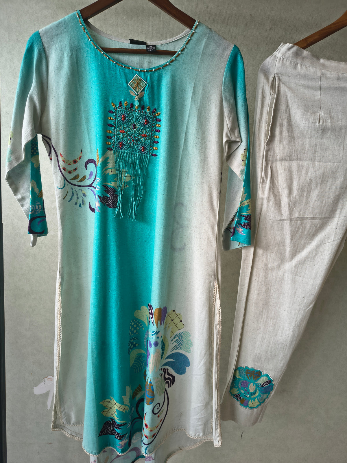 Premium Aqua Ombre Linen Blend Kurta Set with Handcrafted Embroidered Tassel Patch & Embroidered Pants