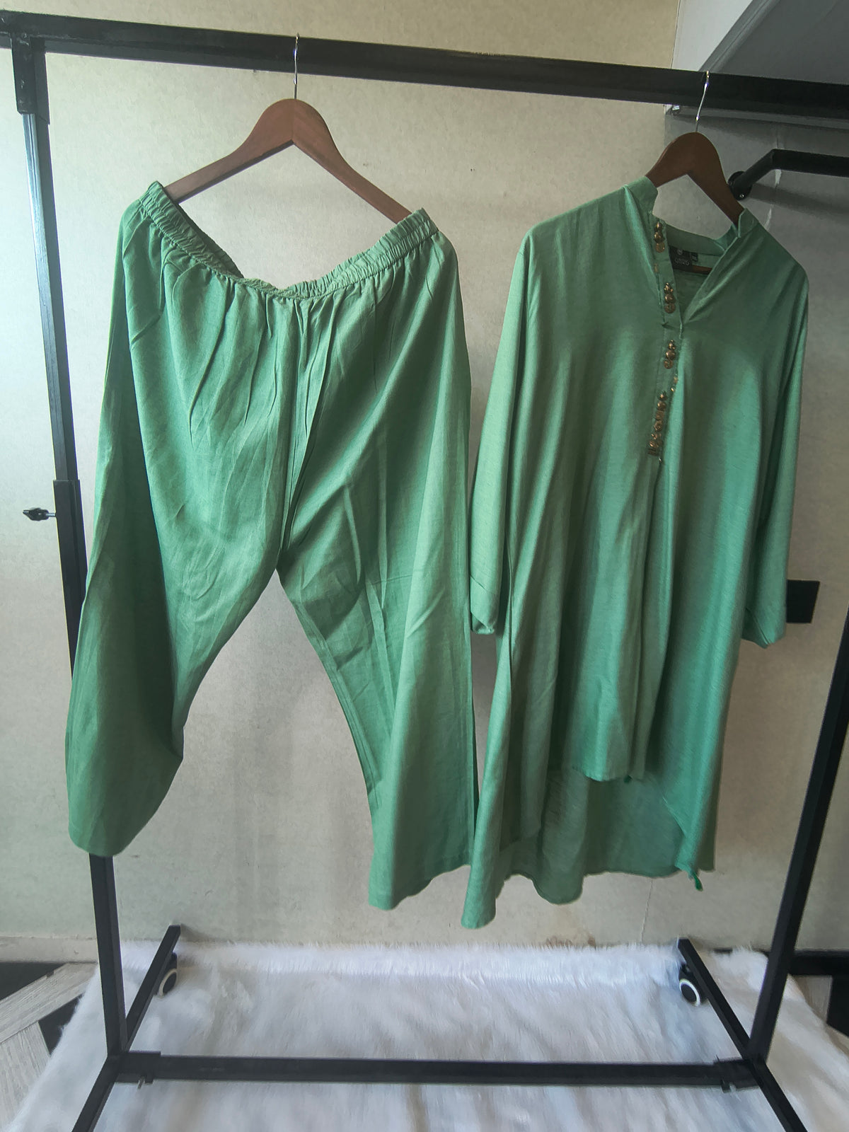Premium Sage Green Designer Co-Ord Kurta Set with Antique Button Detailing