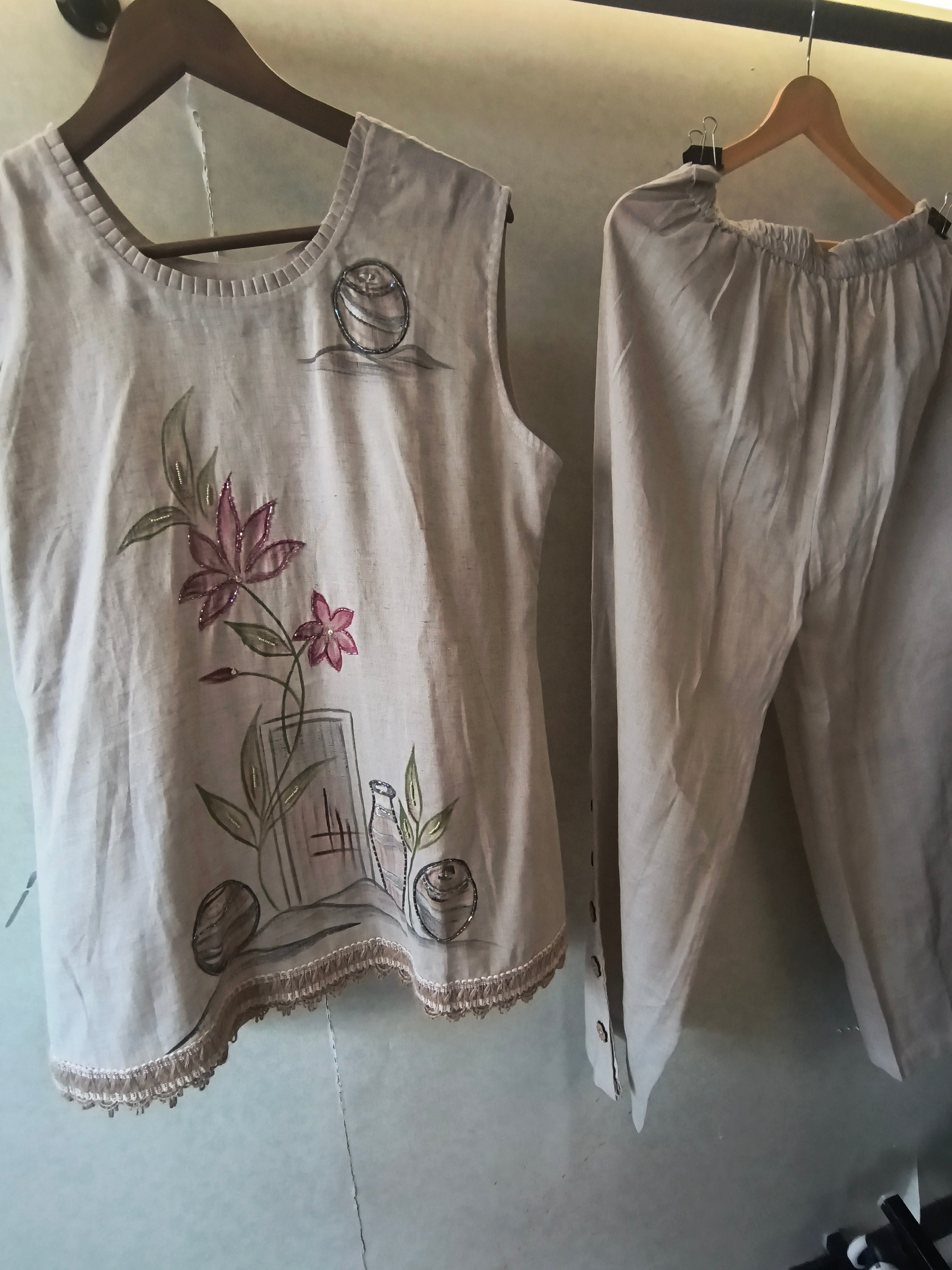 Image of Ivory Floral Hand-Painted Linen Co-Ord Set