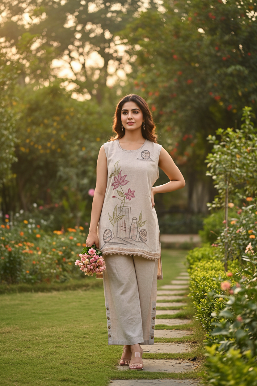 Image of Ivory Floral Hand-Painted Linen Co-Ord Set