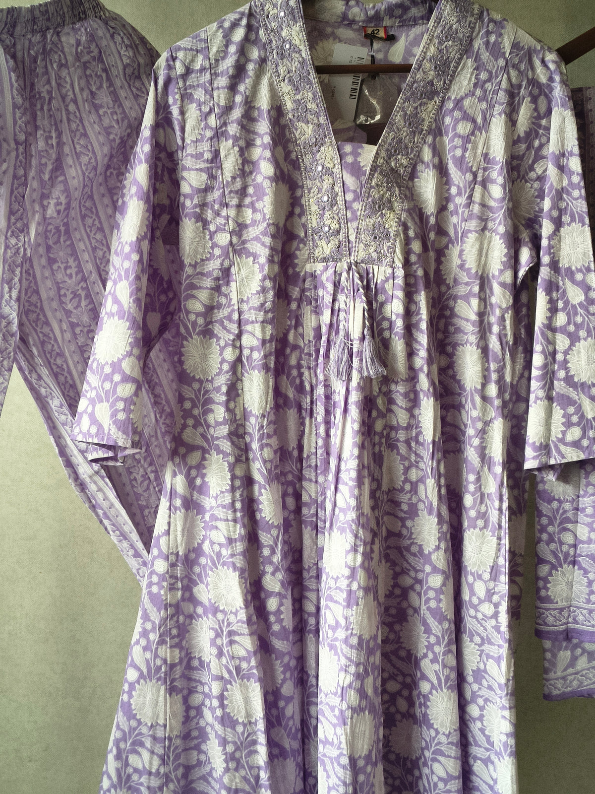 Premium Lavender Floral Printed Cotton Anarkali Kurta Set with Striped Pants & Printed Dupatta
