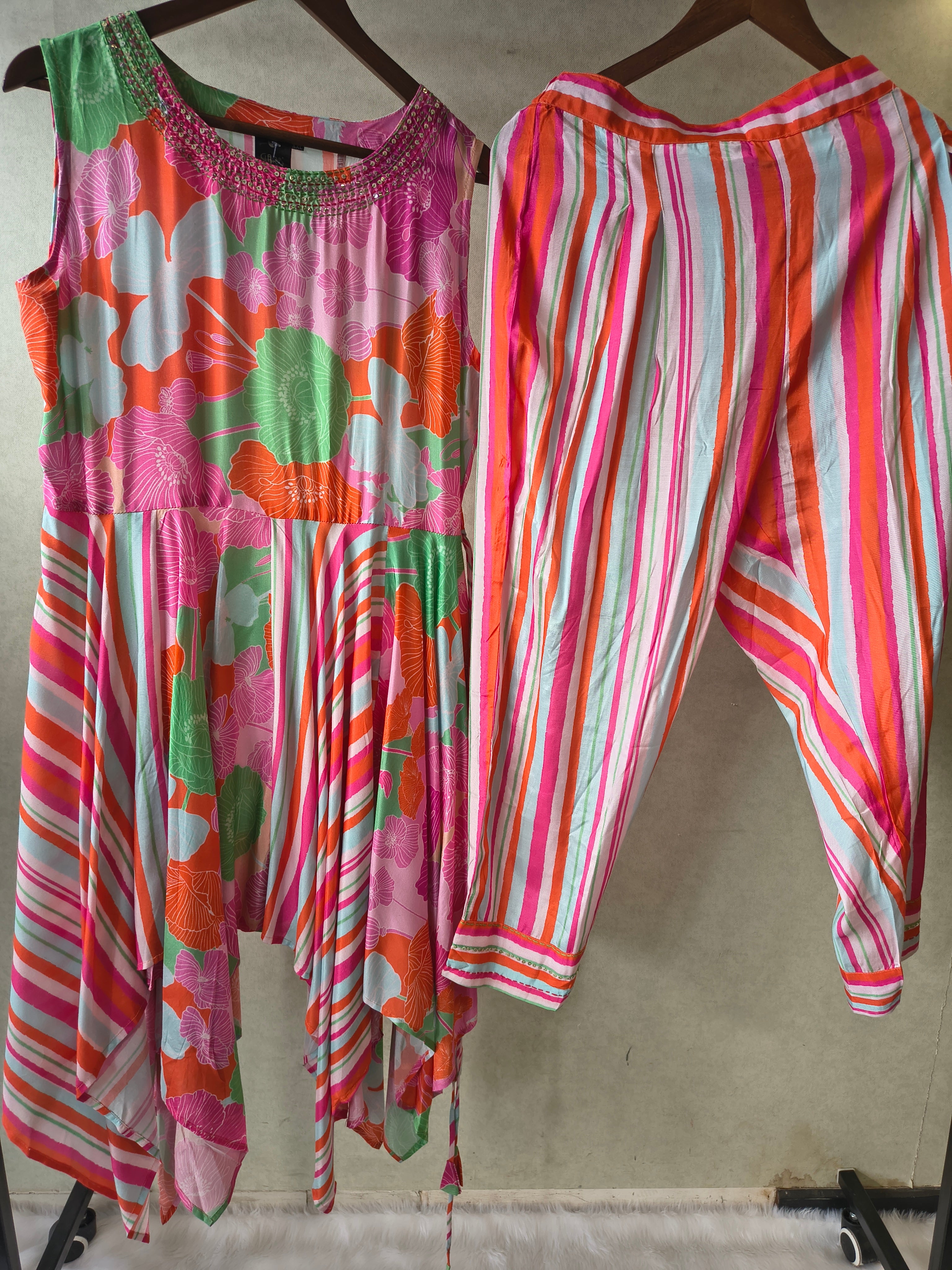 Image of Premium Tropical Floral Handkerchief Kurta with Striped Tapered Pants Co-Ord Set