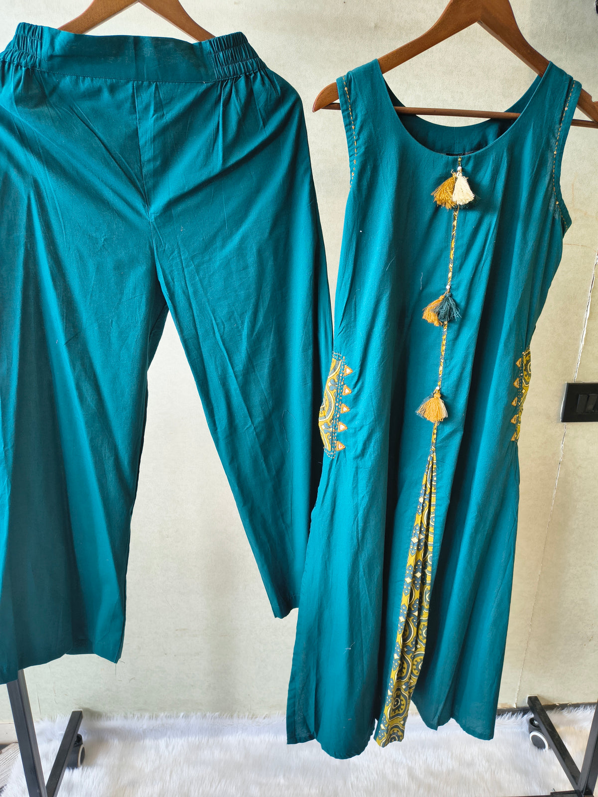 Teal Sleeveless A-Line Kurta Set with Printed Panel & Straight Pants