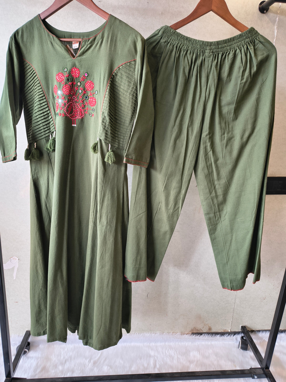 Tadko Olive Green Embroidered Cotton Kurta & Pant Co-Ord Set