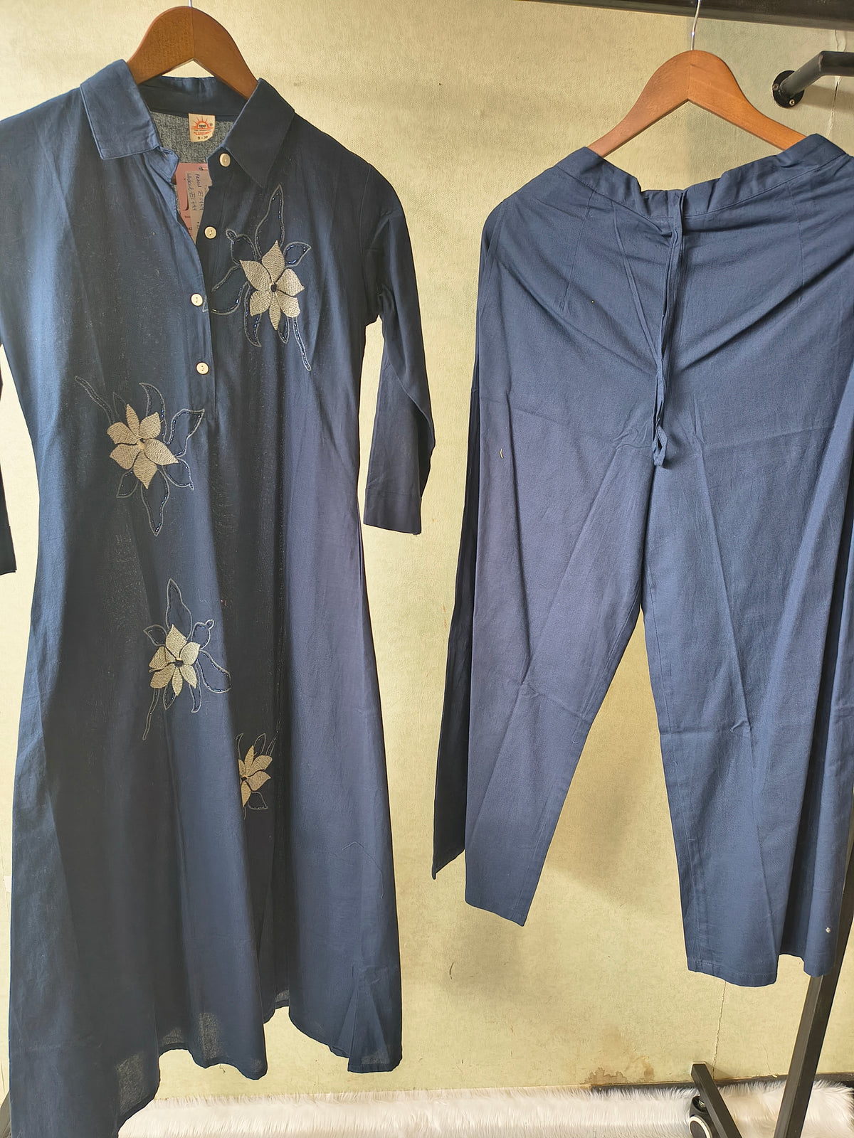 Tadko Premium Navy Blue A-Line Kurta Set with Floral Appliqué Embroidery & Straight Pants