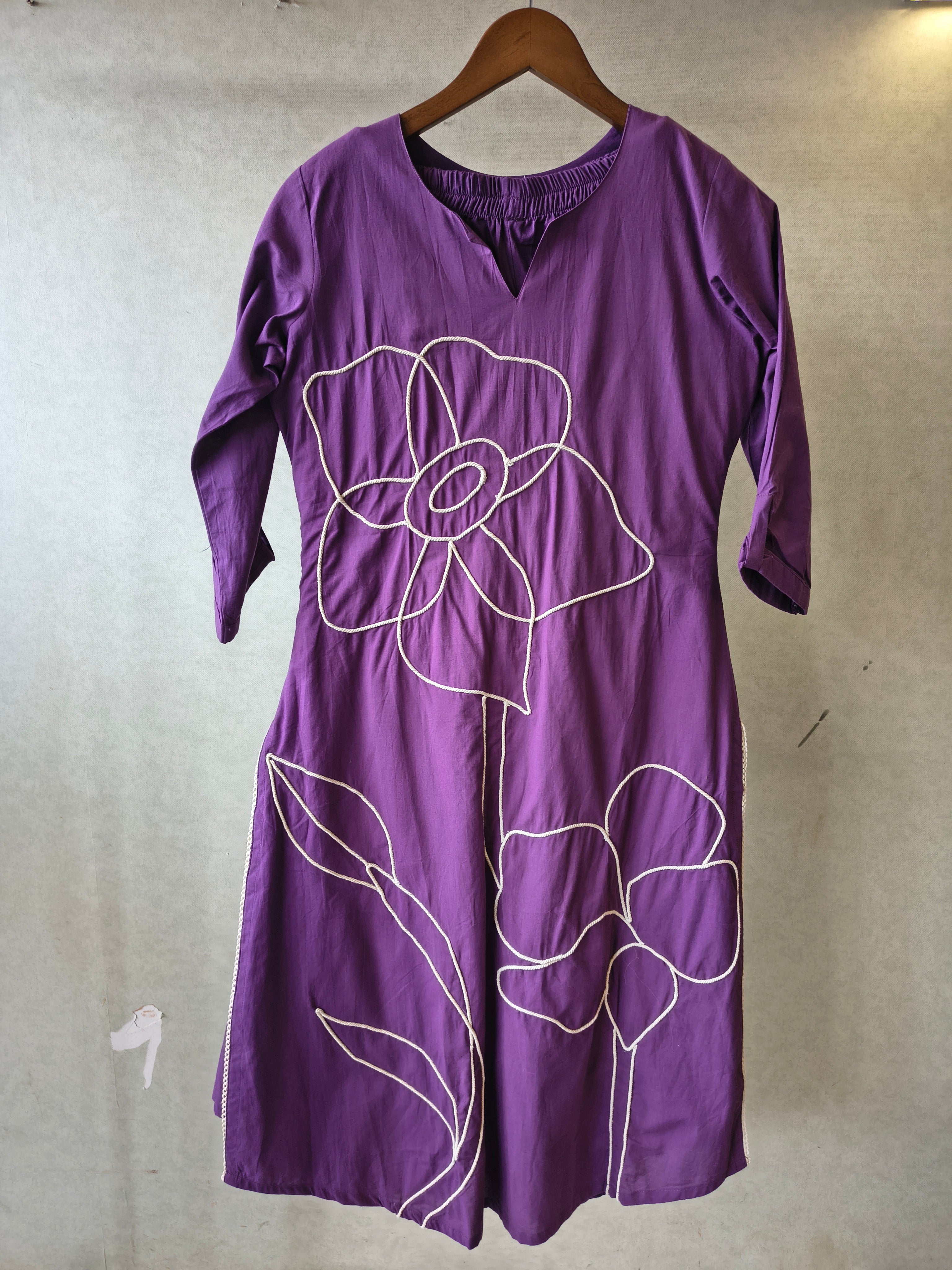 Image of Royal Purple Floral Embroidered Cotton Kurta Set with Straight Pants