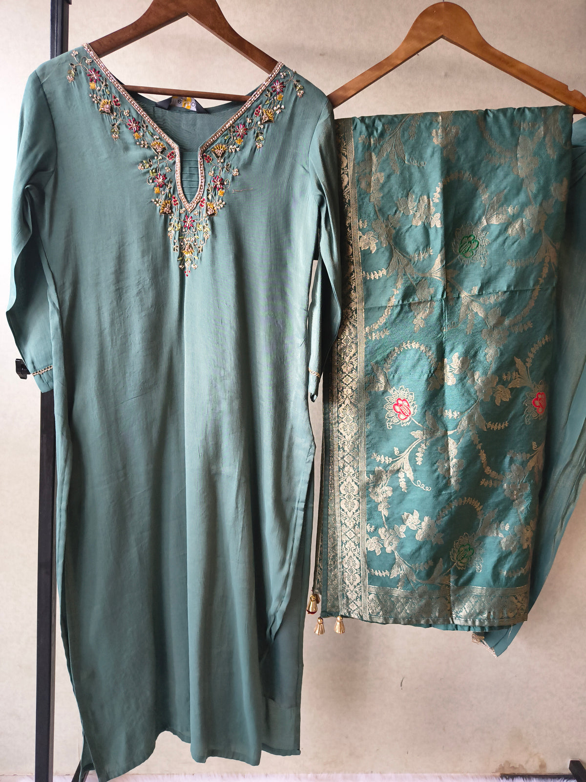 Premium Teal Silk Blend Embroidered Kurta Set with Woven Dupatta & Straight Pants