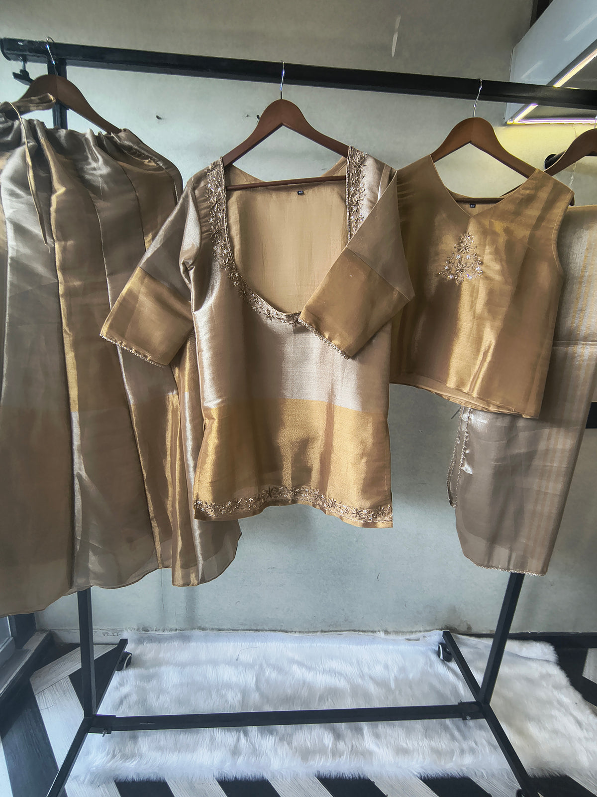 Champagne Gold Tissue Silk Embroidered Layered Kurta with Inner, Palazzo & Woven Dupatta – 4 Piece Designer Festive Set