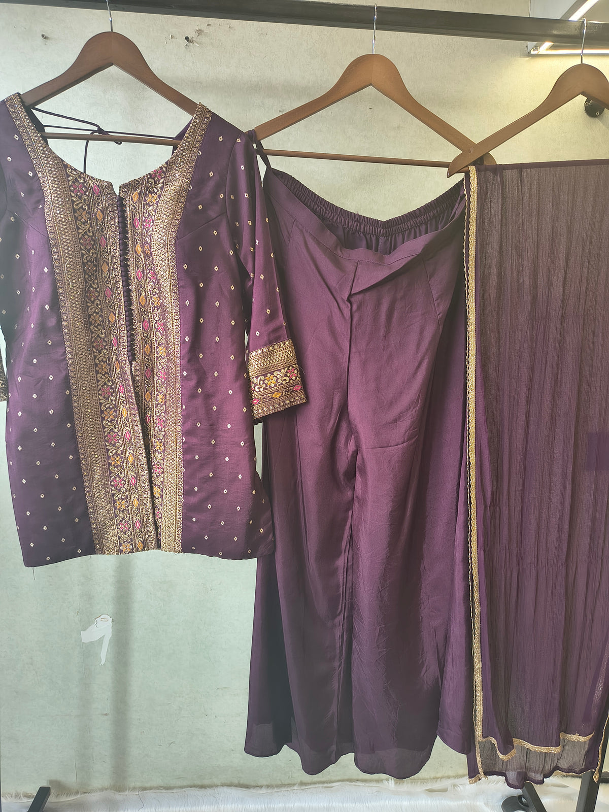 Royal Purple Embroidered Straight Kurta Set with Flared Palazzo & Pleated Dupatta – Designer 3 Piece Festive Ensemble