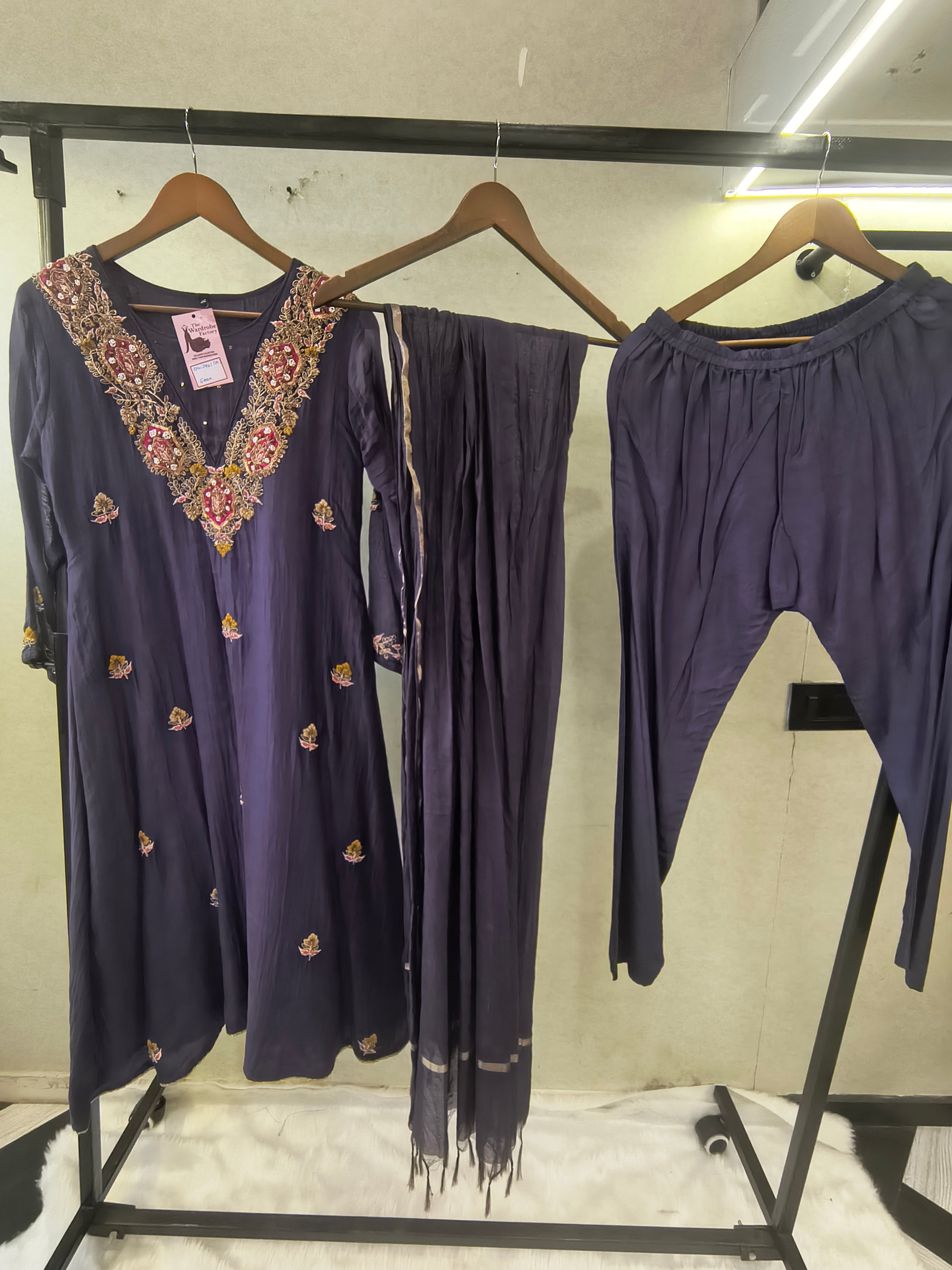 Image of Midnight Navy Hand-Embroidered Straight Kurta Set with Statement Neckline, Churidar Pants & Tassel Dupatta | Premium 3 Piece Festive Ensemble