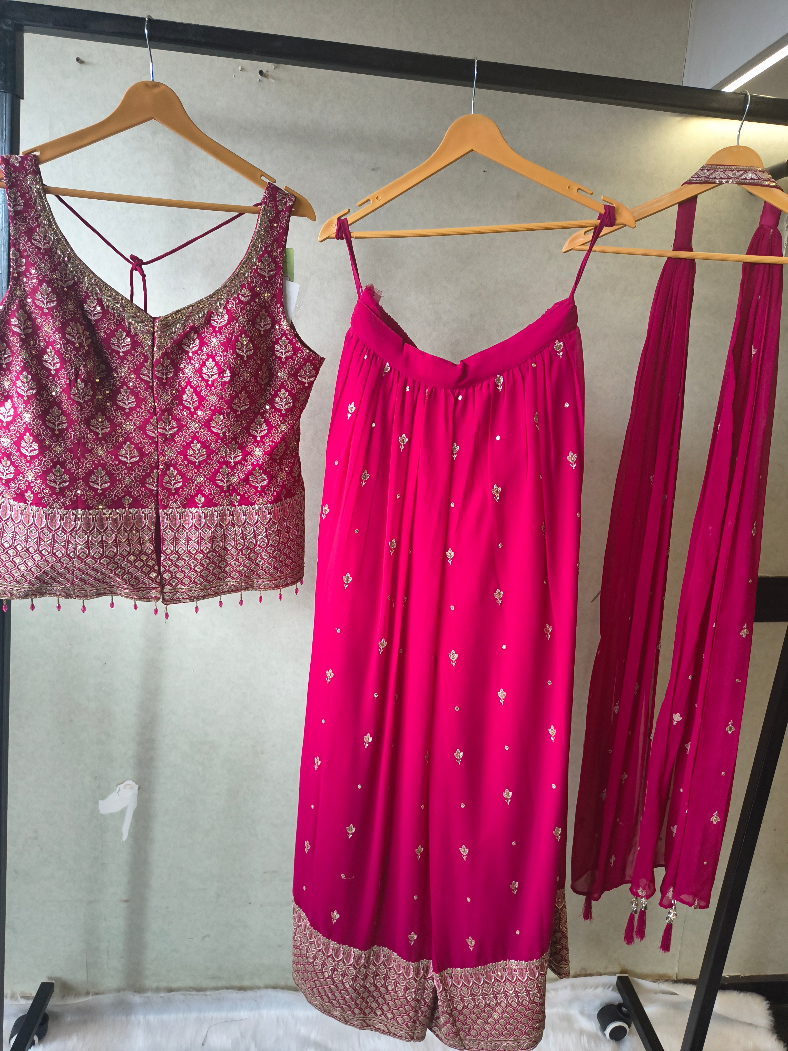 Image of Rani Pink Zari Woven Blouse with Flared Palazzo & Embellished Dupatta – Designer 3 Piece Festive Set