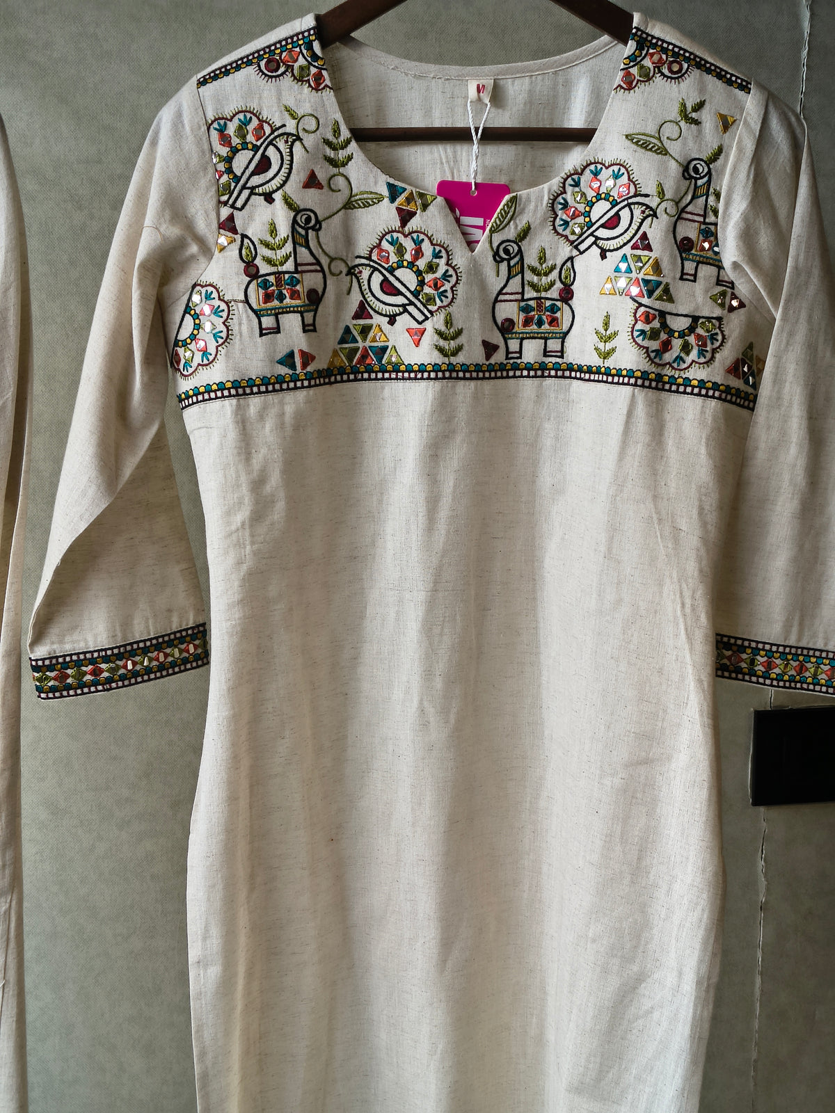 Ivory Cotton Linen Kurta Set with Multicolour Folk Embroidery & Straight Pants