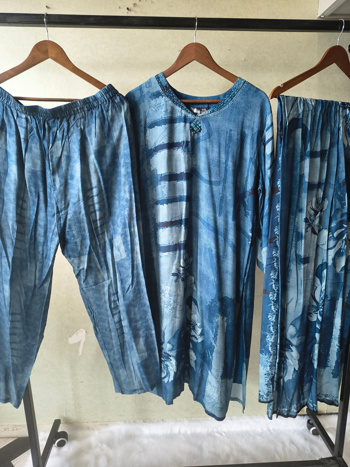 Premium Teal Blue Abstract Printed Kurta Set with Pants & Dupatta